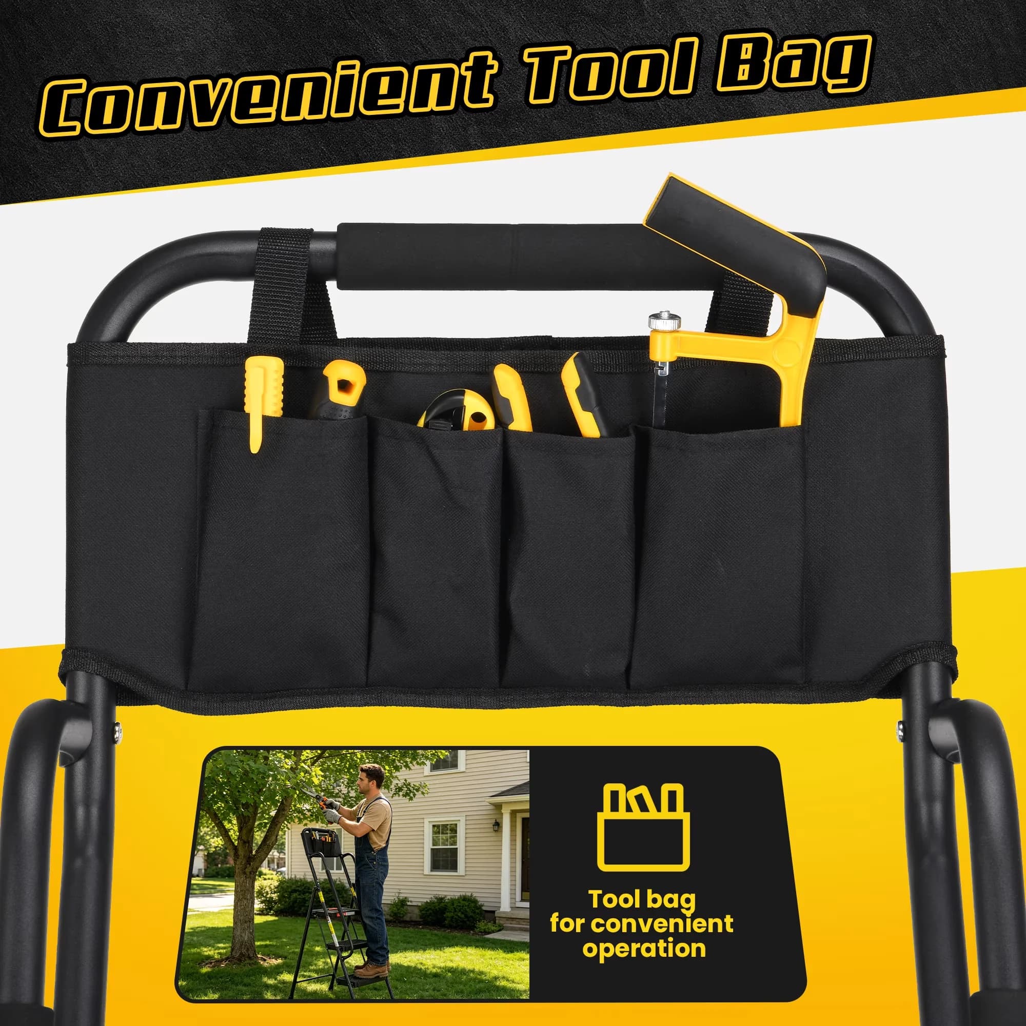 Building Material Premium with Stable Steel Step Stool, Folding 3 Step Ladder, Dual Handrails - Black Metal Model 164A6A