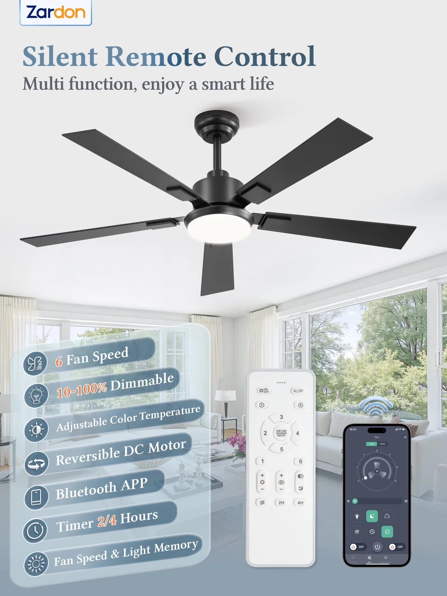 Innovative Ceiling Fan with LED, Bluetooth Compatible, 52 Inch Modern - Plastic Black Model D4CB61