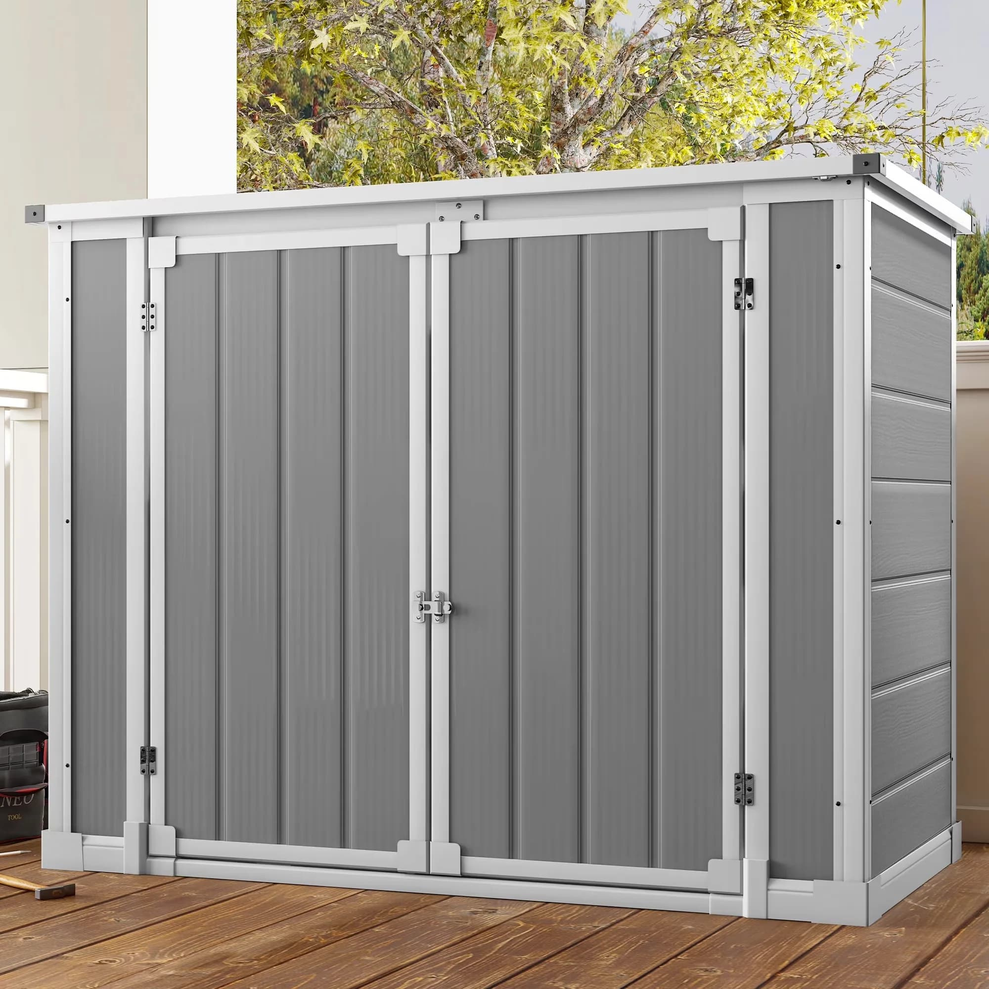 Essential Shed with Waterproof, Triple Security Locks & Floor Anchors, 4.7x2.5ft Outdoor Storage - Gray Plastic for Garden Model 10E934