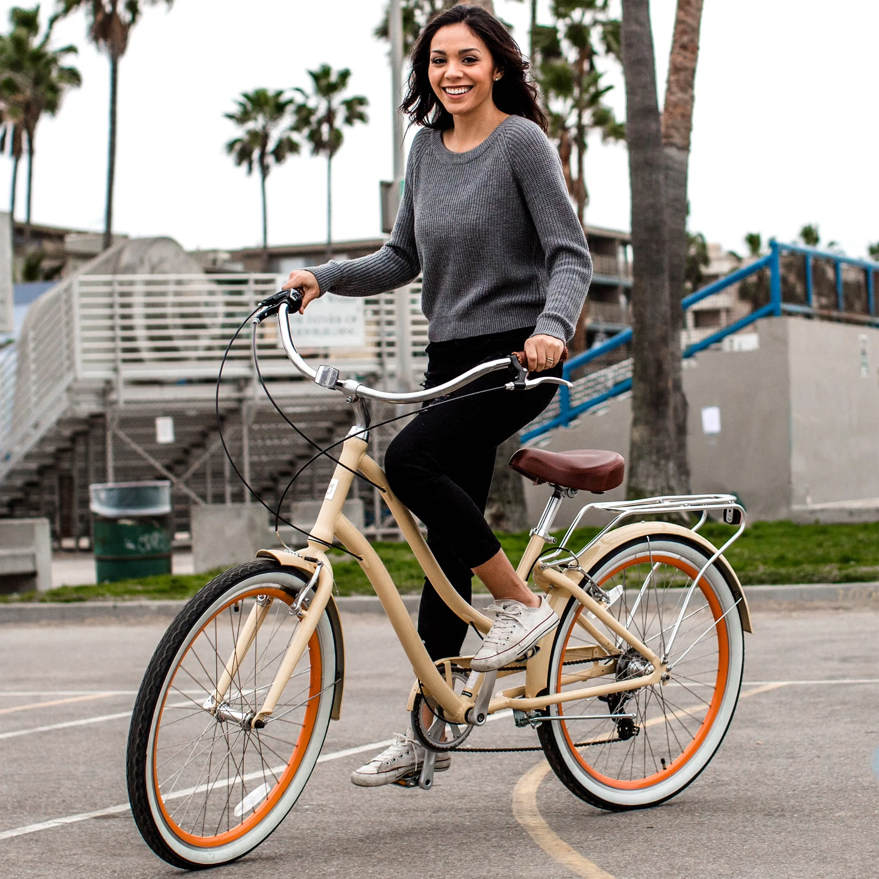 Quality Cruiser Bike with Adjustable Seat, Beach cruiser comes assembled - Off-White Model C8A546