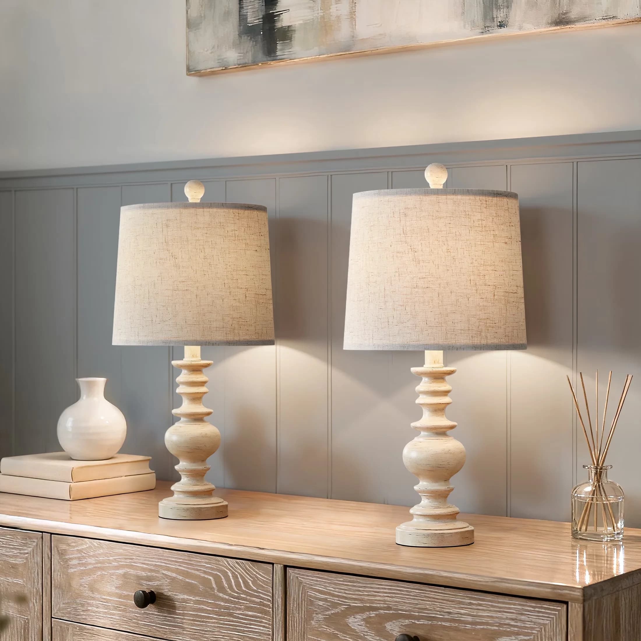 Versatile Lamp Set with LED, Resin Nightstand Bedside Lamps - White Resin for Living Room, Bedroom Model DE893D