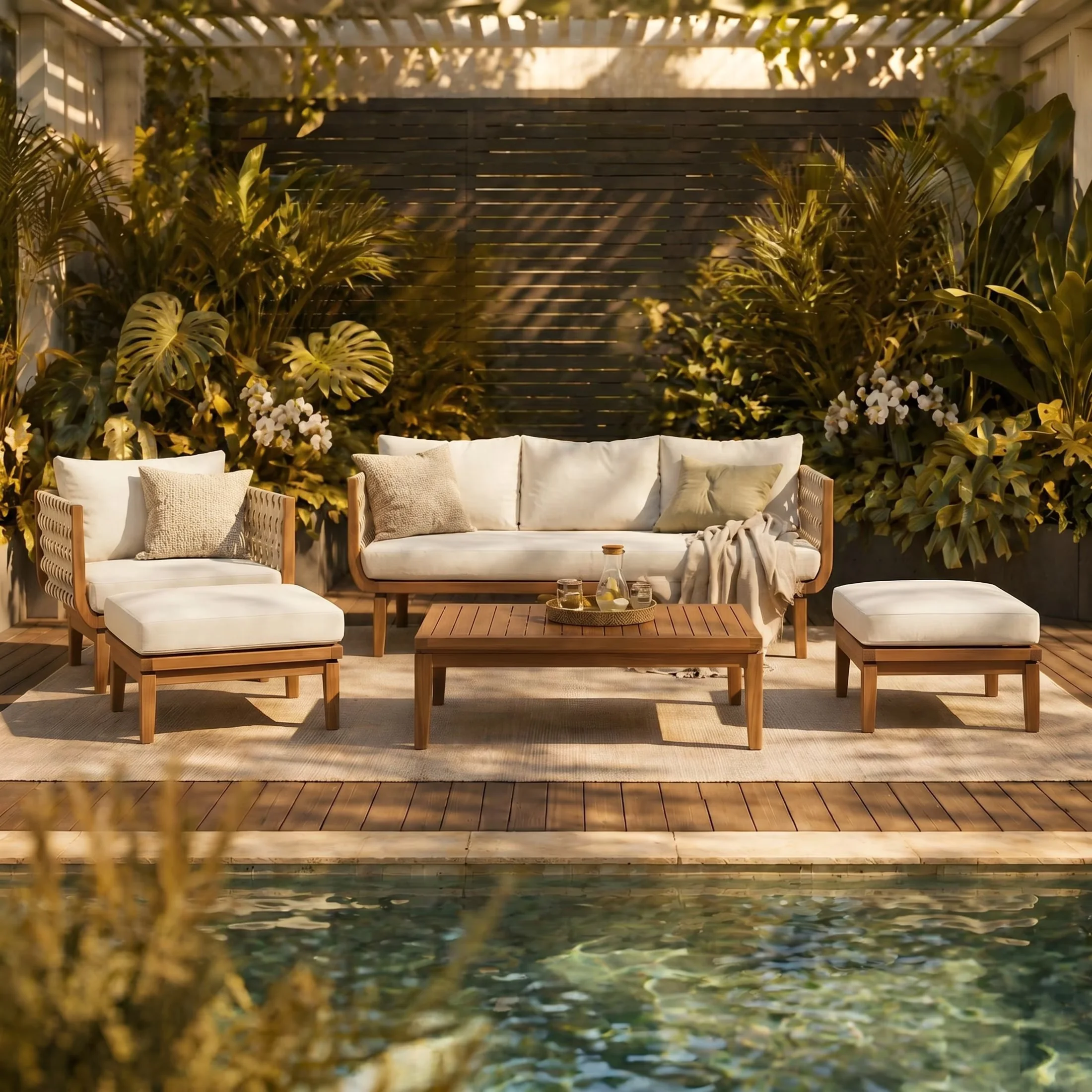 Patio Conversation Set Stylish with 5-Piece Outdoor Sofa, Ottomans and Coffee Table - Brown Acacia Wood + Rope + Water Repellent Cushion Model AF9F9B