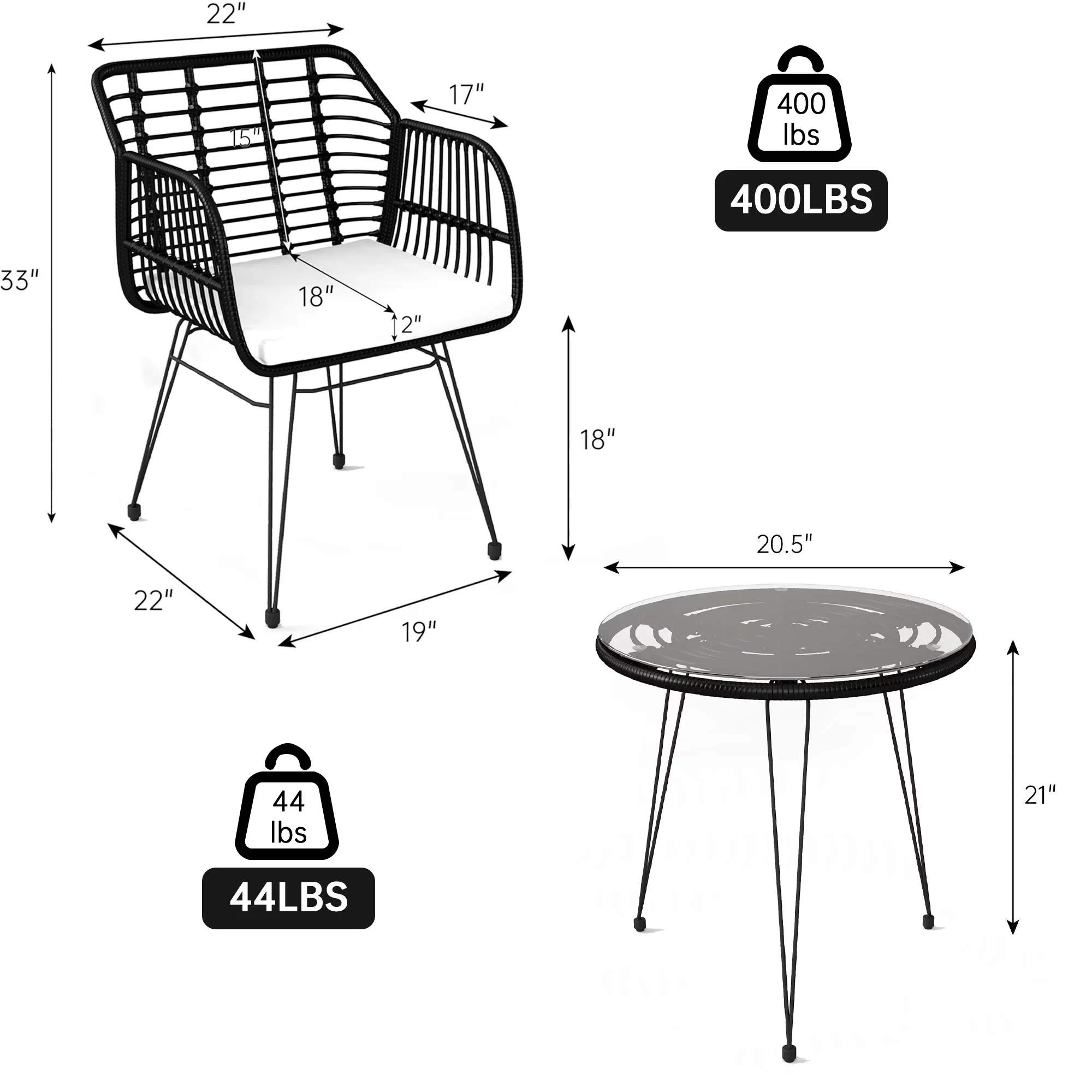 Professional Patio Dining Set with Waterproof, 3 Pieces Bistro, Black - Black Rattan Model 953CB7