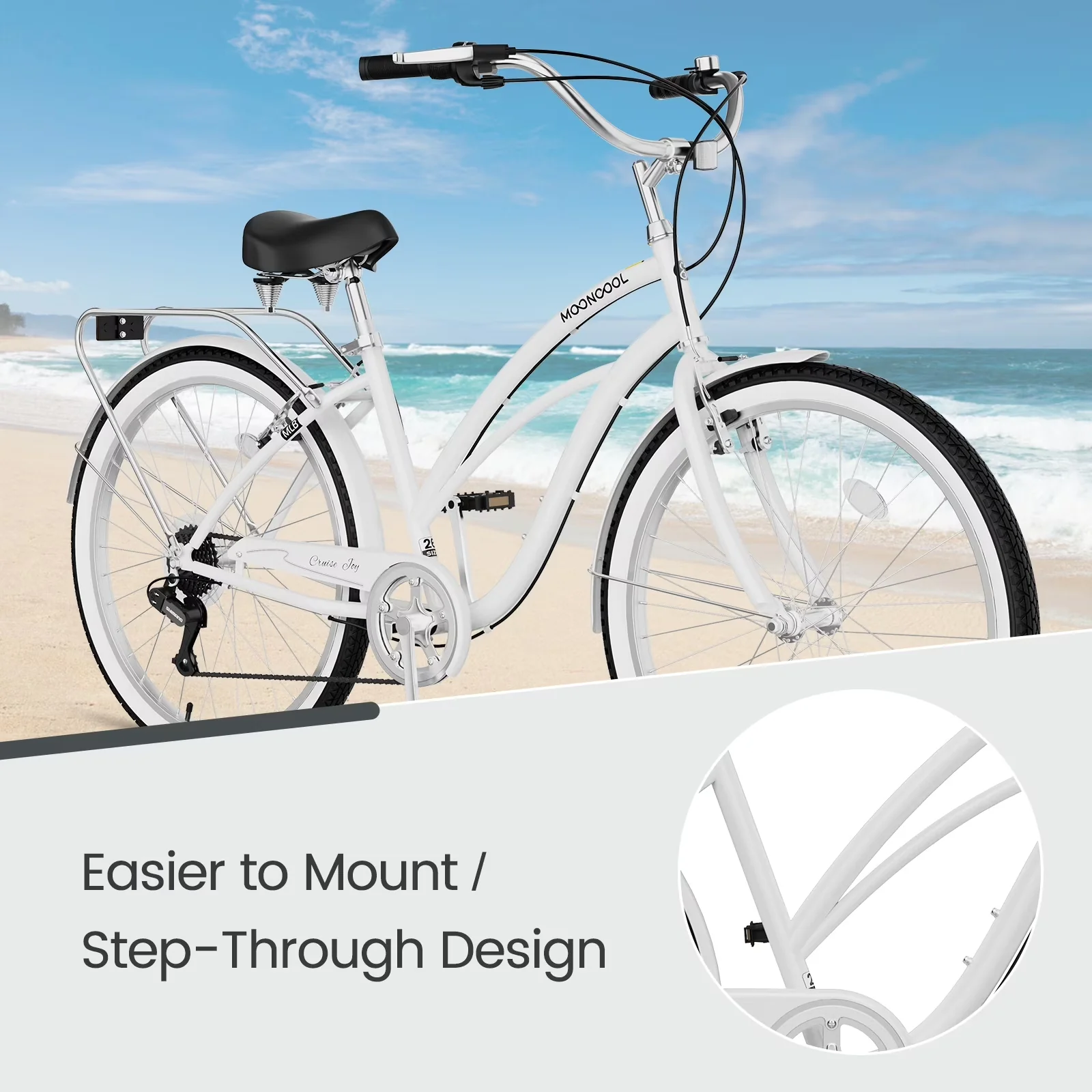 Cruiser Bike Compact with Lightweight, Front & Rear Fenders, 24/26 Inch Beach - White Model 13D0F0