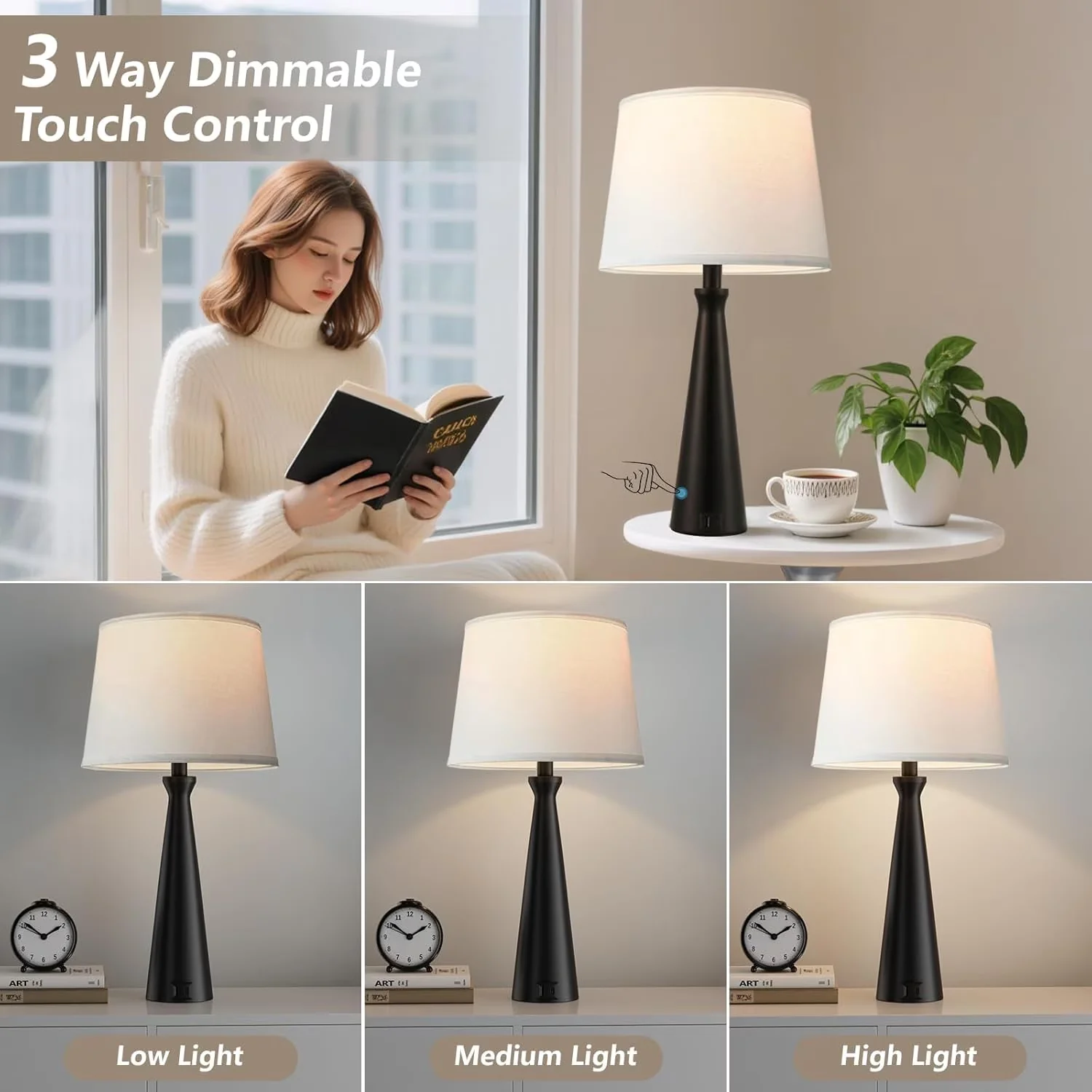 Efficient Lamp Set with High Output, Touch Bedside - Beige for Living Room, Bedroom Model 5188B7