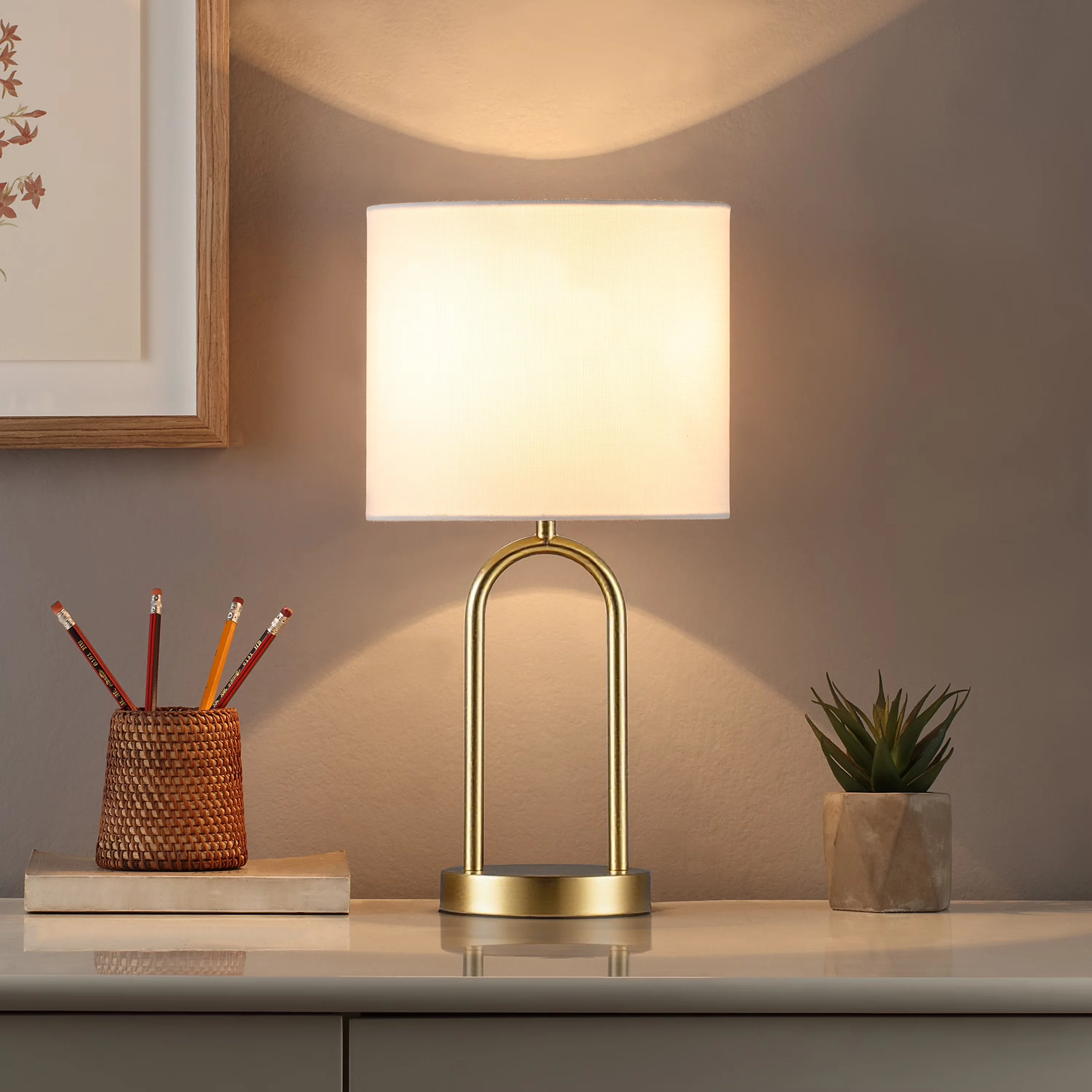 Table Lamp Reliable with Incandescent, Energy Efficient - Iron, Fabric, Plastic Gold, White Model 990B96