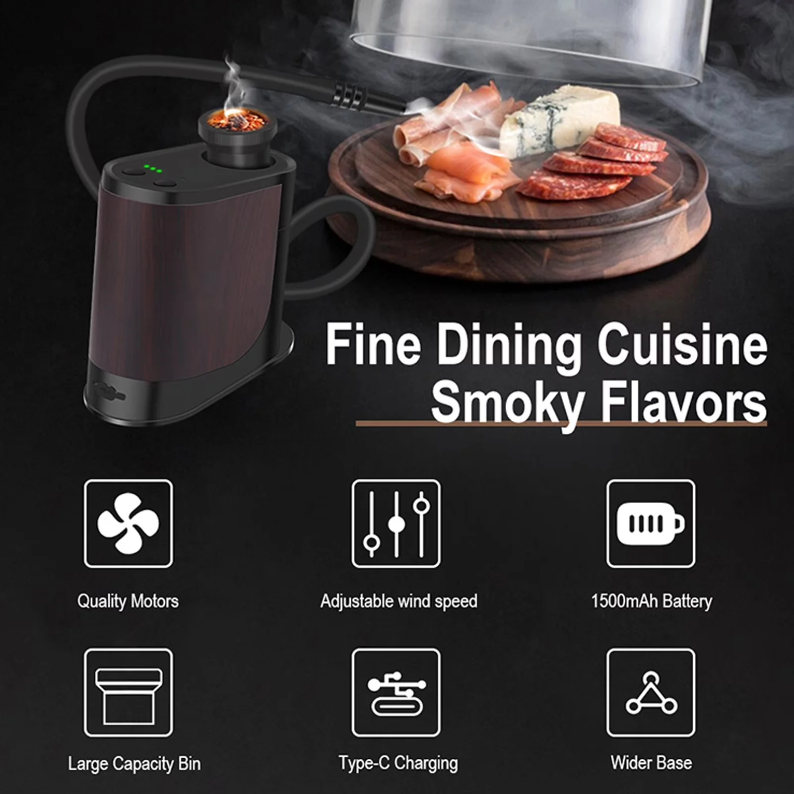 Innovative Smoker with Handheld Smoke Infuser, Electric Gun Food - Food-Grade Stainless Steel,Heat-Resistant Abs Plastic Black Model 609DC9