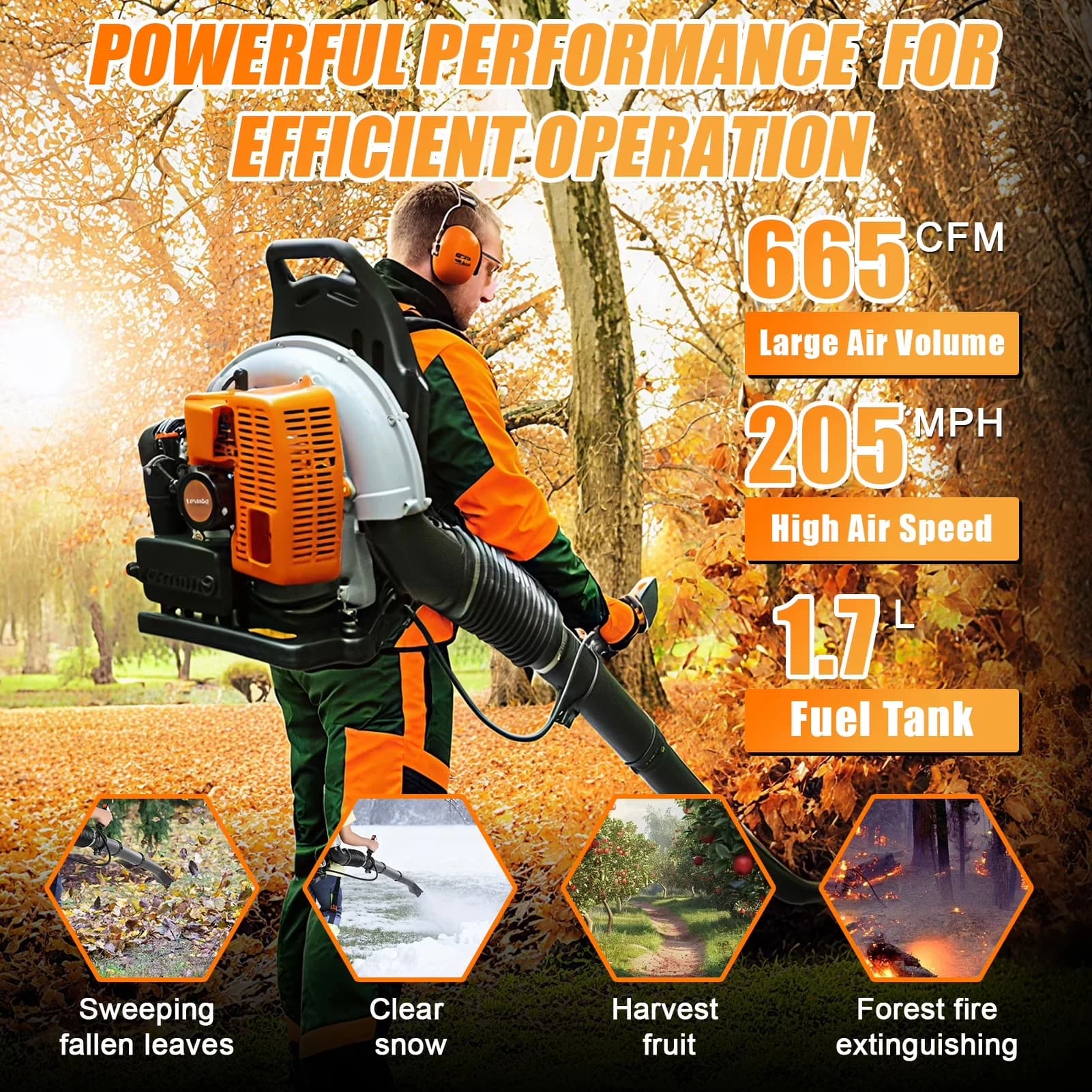 Reliable Leaf Blower with EB650 63CC Gas Backpack, 665 CFM Gas Powered - Model 0E374D