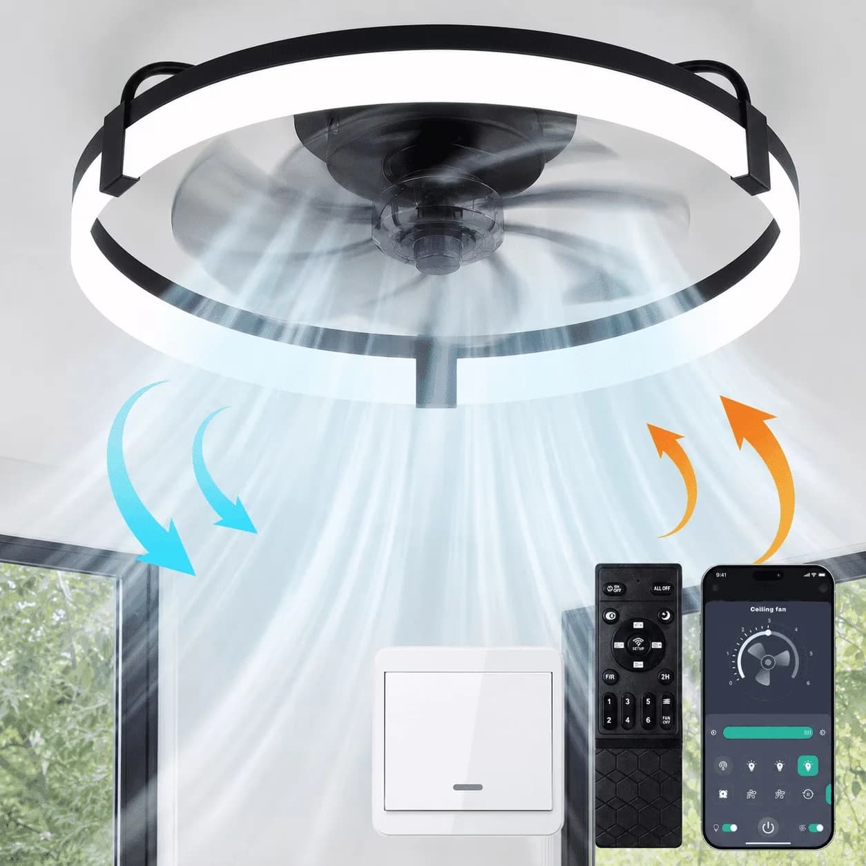Modern Ceiling Fan with LED, Dimmable, Farmhouse - Pc Black for Bedroom Model 7BA2E3