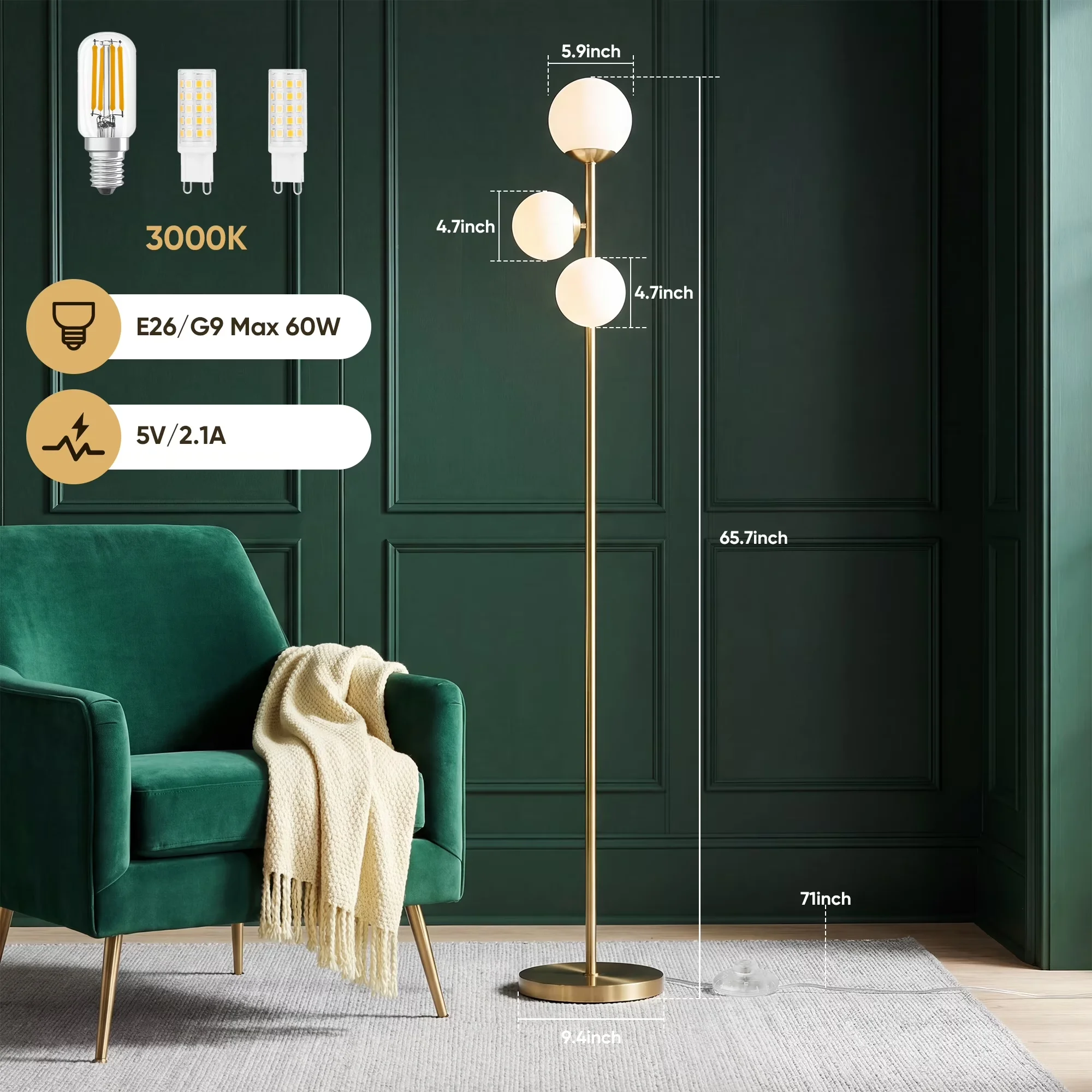 Durable Floor Lamp with LED, Art Deco, Eco Friendly - Metal Gold for Living Room, Bedroom Model 7F7A71