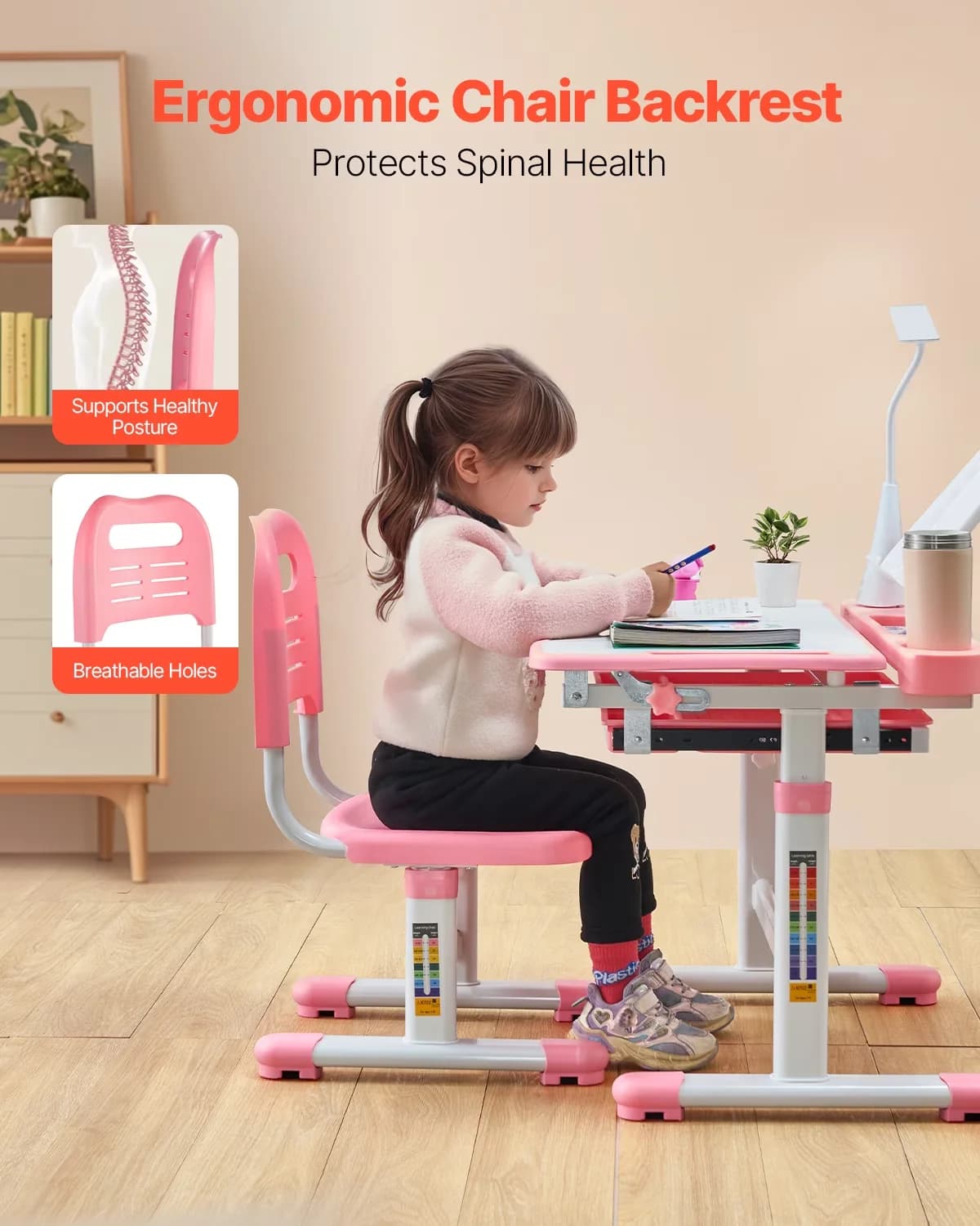 Lamp Set Premium with LED, Adjustable Height, Kids Study Chair and Desk - Pink Mdf Model 9671C5