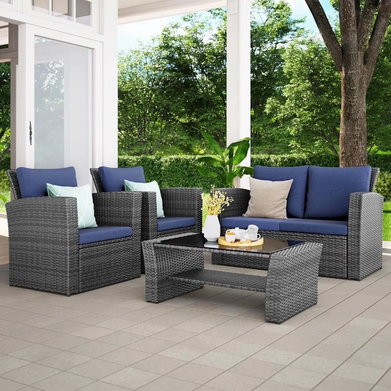 Versatile Patio Conversation Set with Water-Resistant, 4 Piece Outdoor Furniture Sets, Wicker - Blue Wicker Model 3B9911