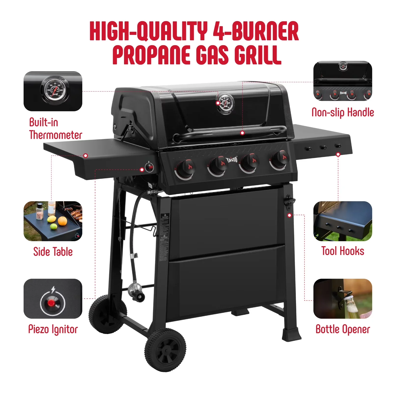 Innovative Gas Grill with Heat Thermometer, 4-Burner Propane, Black - Black Steel Model C5D0B1