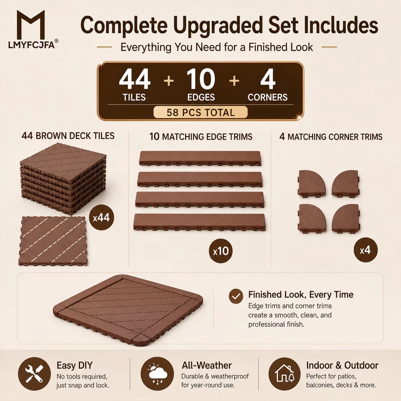 Essential Building Material with Interlocking, 58-Piece Interlocking Deck Tiles - Pp Plastic Brown Model C9855C