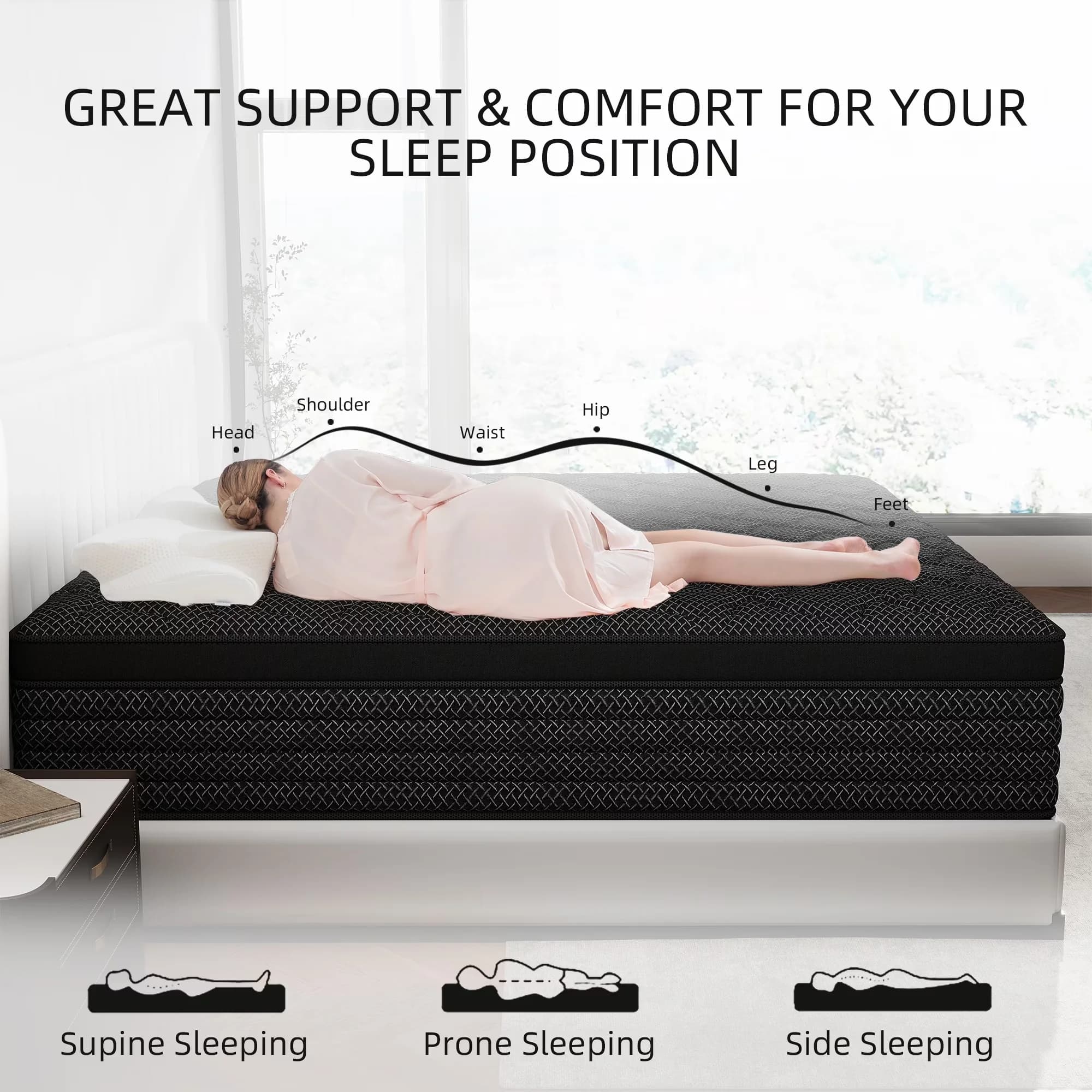 Essential Mattresses Accessory with Low Motion Transfer, Breathable Construction - Black Gel Memory Foam, Spring Model 6852B6