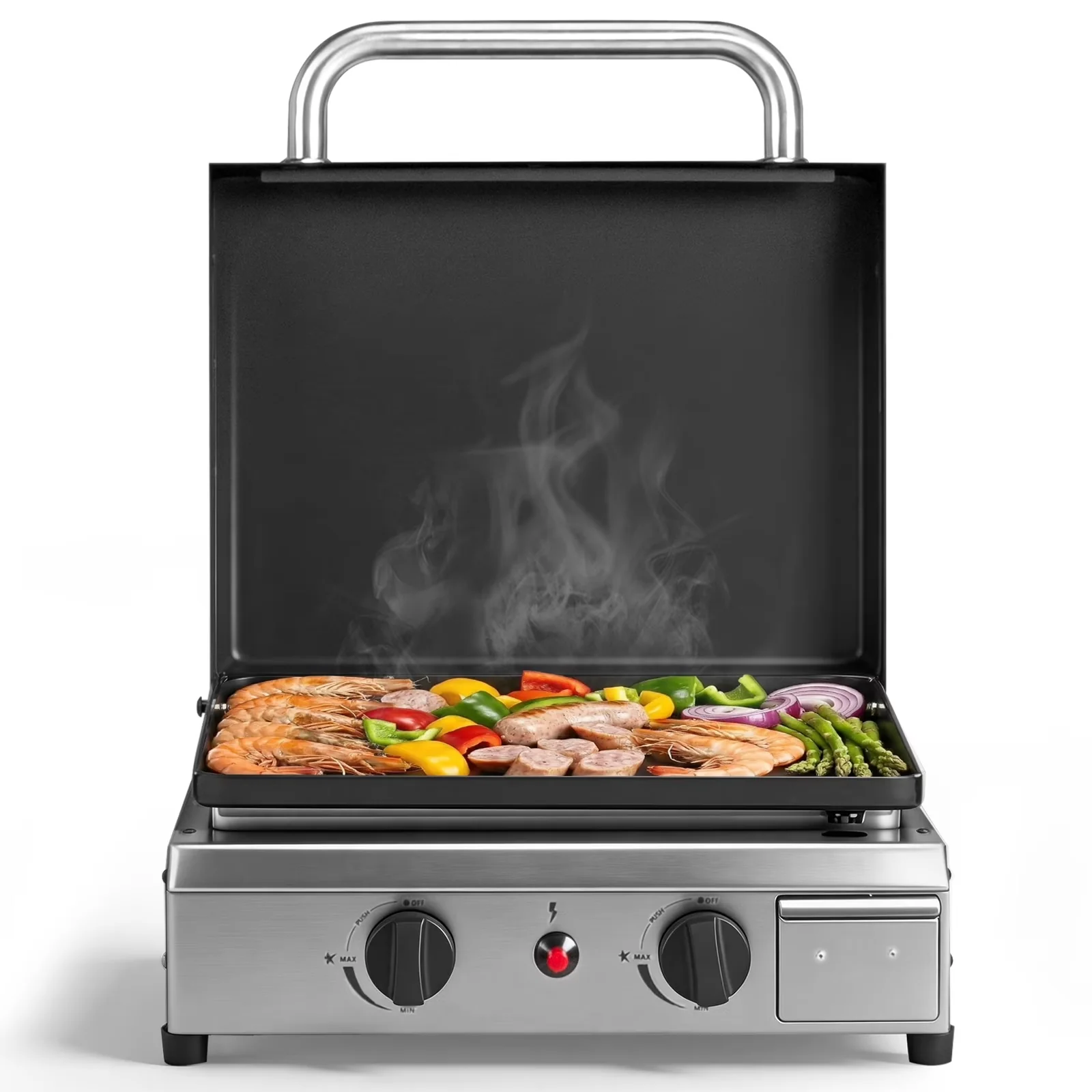 Compact Flat Top Grill with Portable, 2 Burner - Black Cast Iron Zintown Model 0A3E7E
