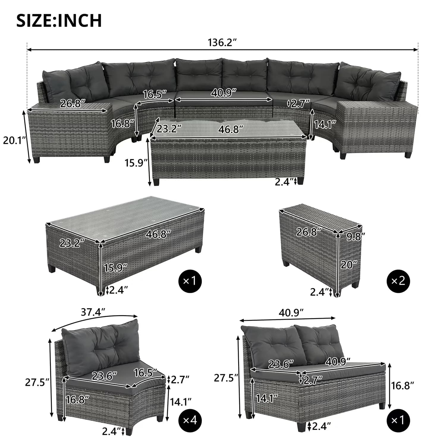 Classic Outdoor Sofas Sectional with Modern, Pillows Included: Yes - Gray Pe Wicker + Steel Frame + Glass+ Polyester + Foam Model CD6BDE
