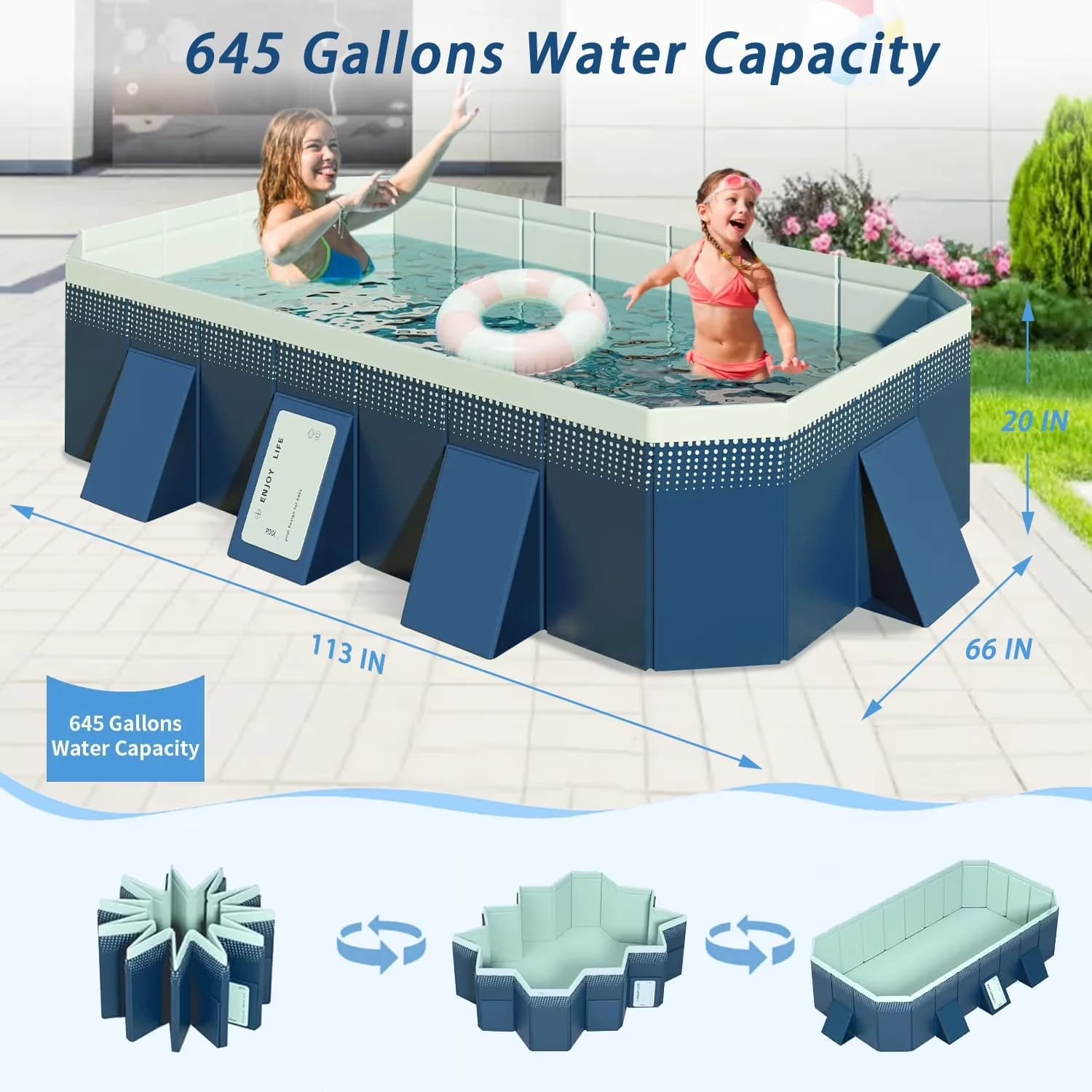 Premium Inflatable Pool with Fade Resistant, 113"×66"×20"Foldable Swimming - Blue Model 68CFFD