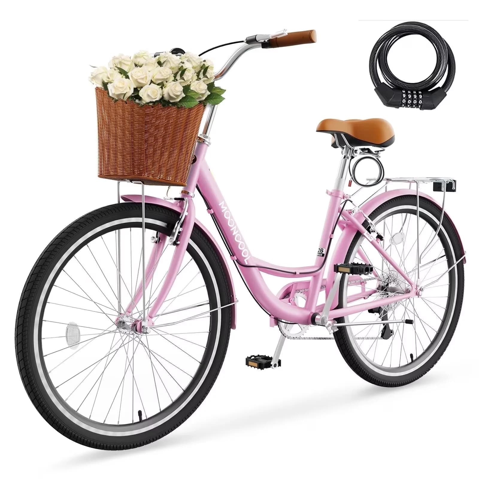 Compact Cruiser Bike with Battery, Adjustable Seat Height, Adjustable Speed - Pink Model B740F9