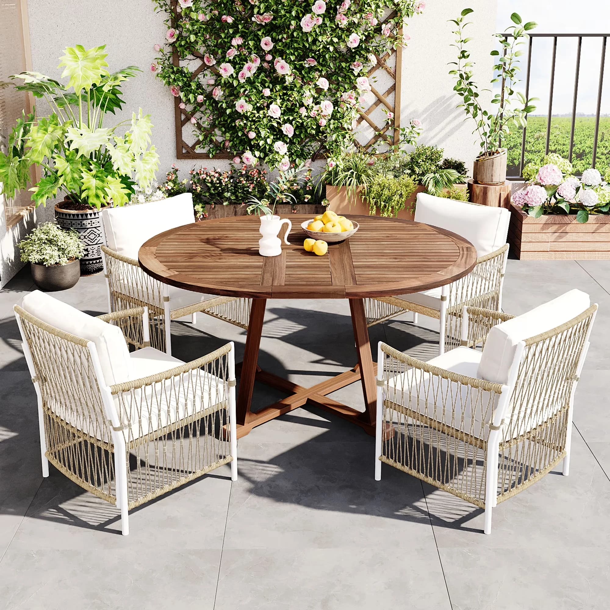 Efficient Patio Dining Set with Foldable, Extendable Table, Product Weight: 107 LBS - Rattan Natural Model D81A40
