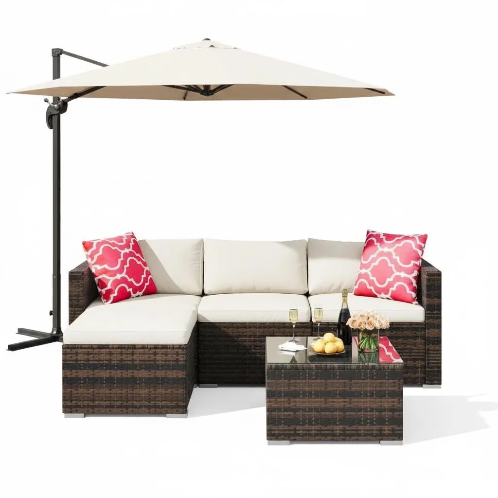 Versatile Patio Conversation Set with L-Shaped Outdoor, Cushions, Glass Top Storage Table & Footstool - Model DB83F4