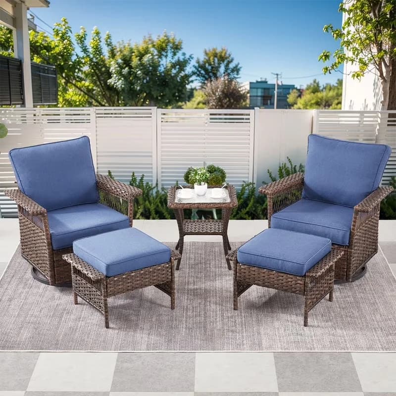 Classic Patio Conversation Set with 5 Pieces Outdoor Sectional Sofa, 3-Seat Sofa - Wicker;Powder-Coated Steel Blue Model C2F375