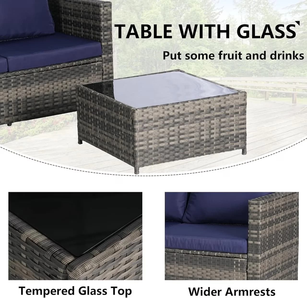 Reliable Patio Conversation Set with Ottoman, 3-Piece Furniture, Coffee Table - Rattan, Metal Blue Model AAD1DF