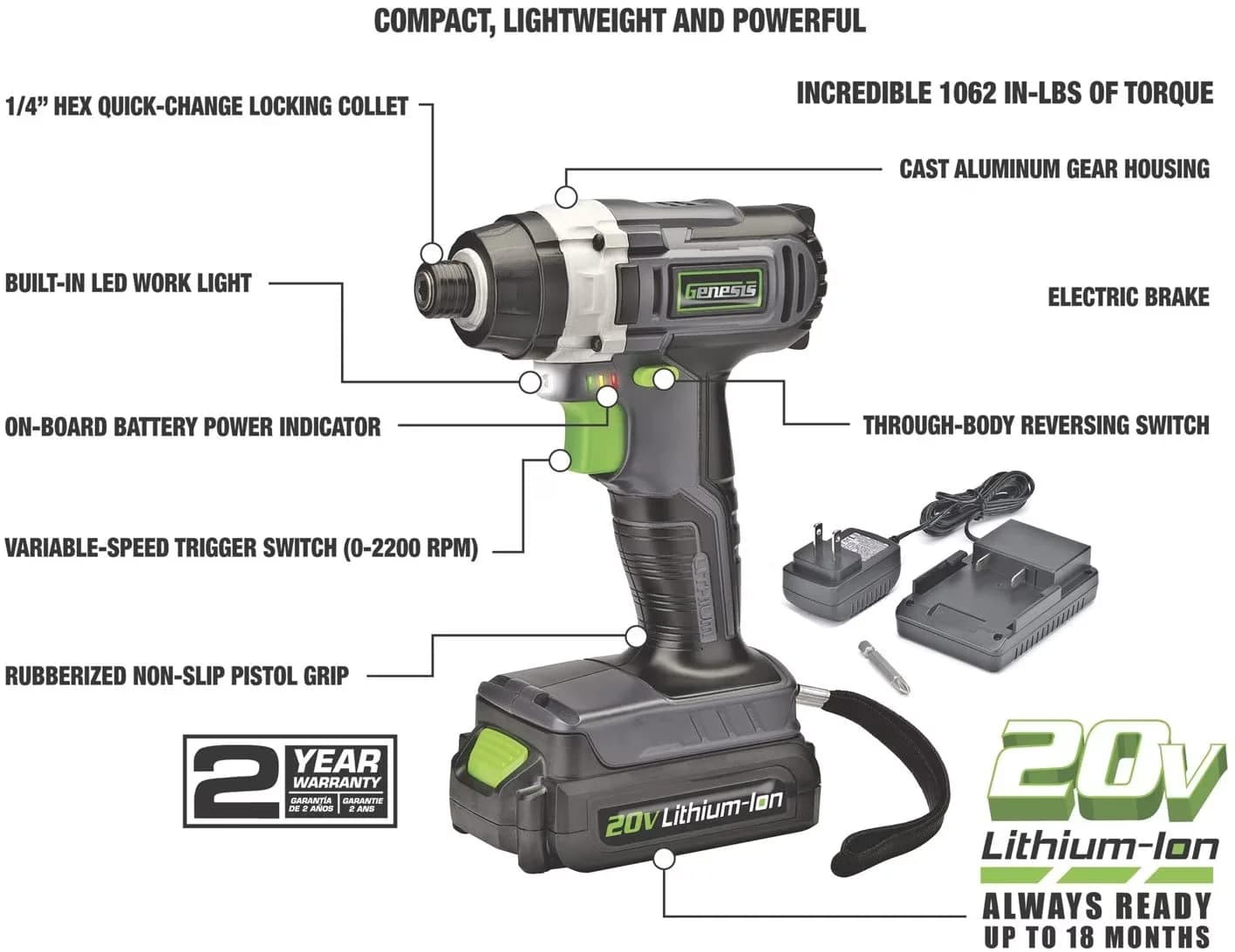 Compact Drills Driver with LED, 20V, 20V Cordless Impact Quick-Change - Long-Lasting Performance Model D95A8C