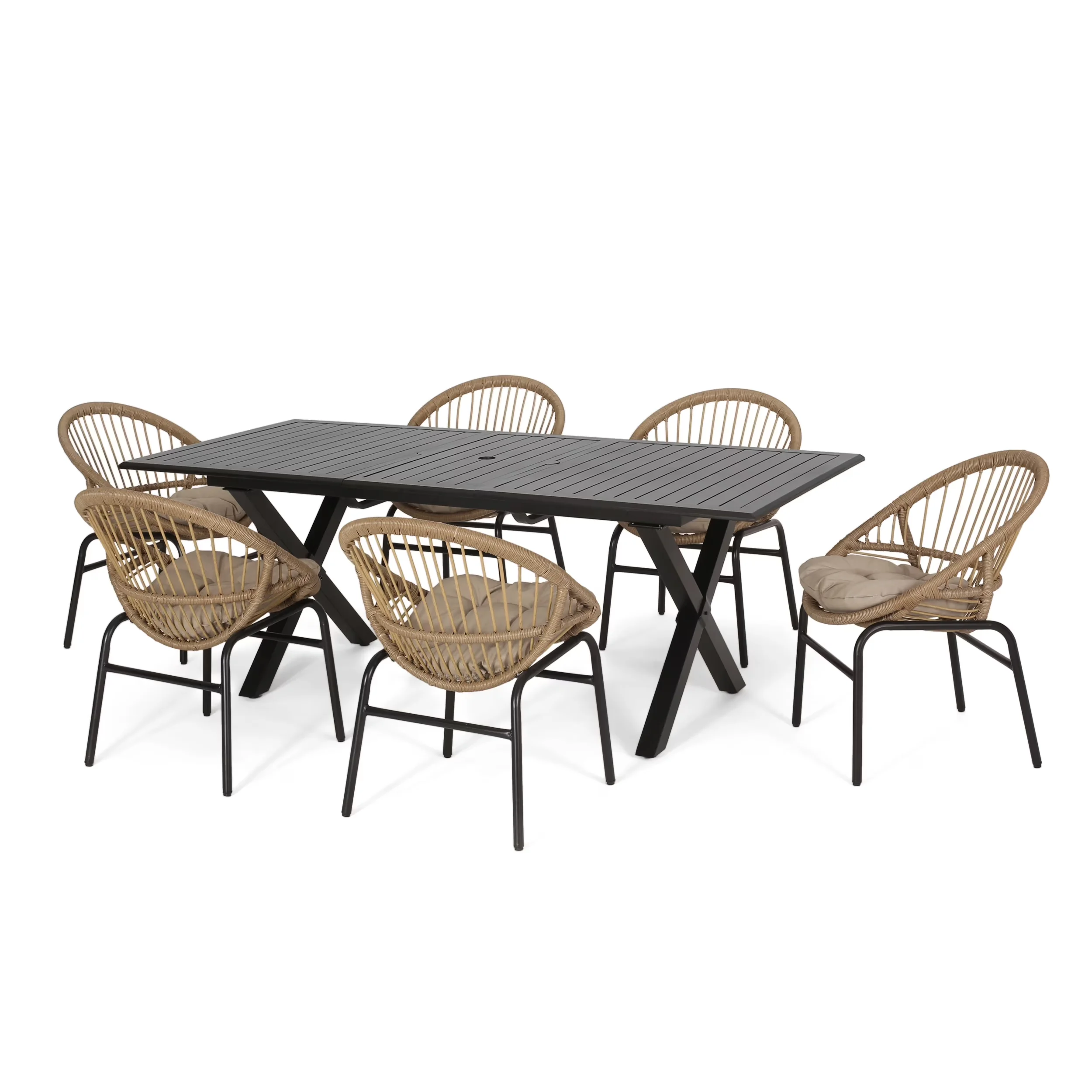 Classic Patio Dining Set with Cushion Material: Water Resistant Fabric, Cushion - Black Wicker/Rattan/Metal/Fabric Model 5CE0C1