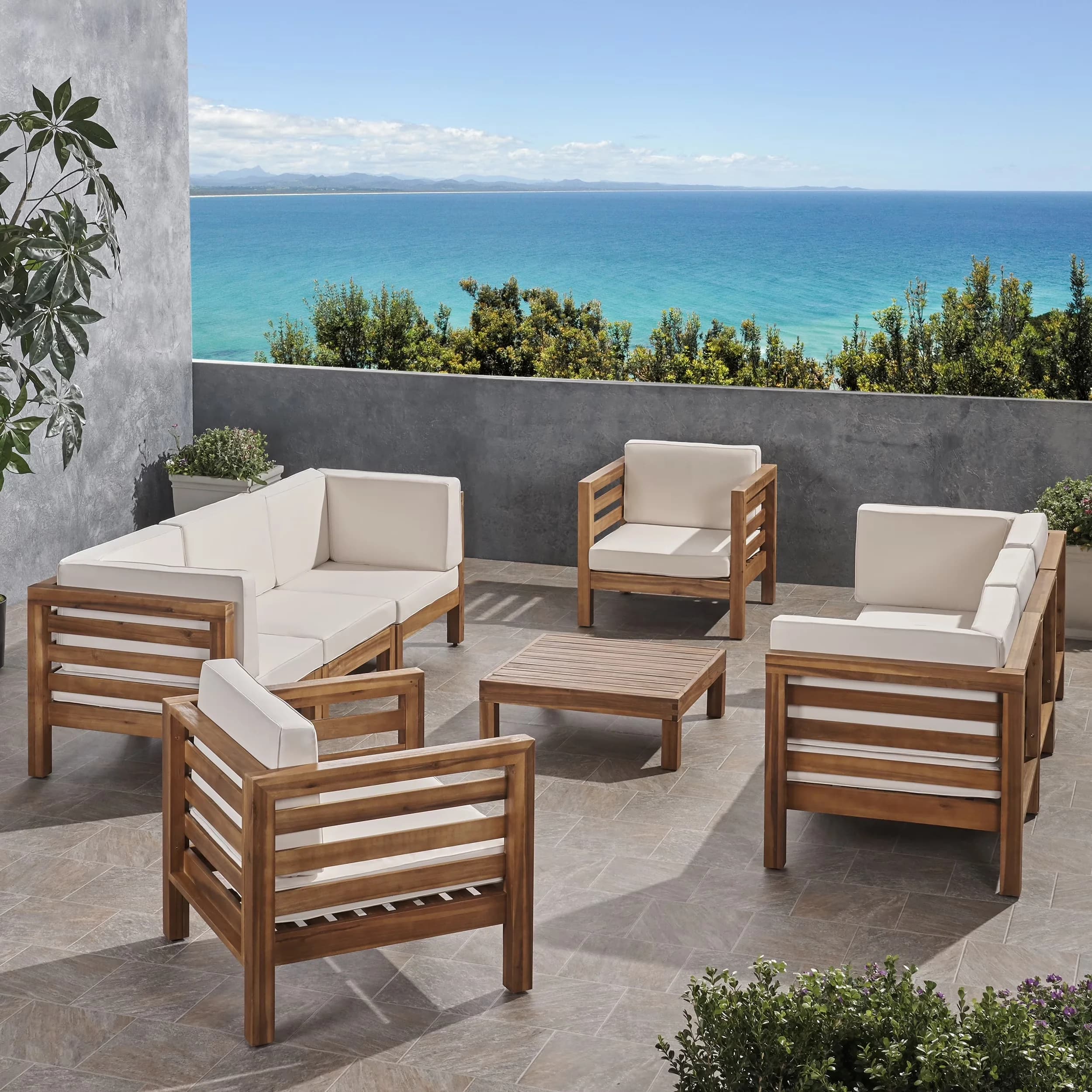 Stylish Patio Dining Set with Material: Acacia Wood, Finish: Teak, Fabric Composition: 100% Polyester - Acacia, Wood, Fabric,... Model 37A11D