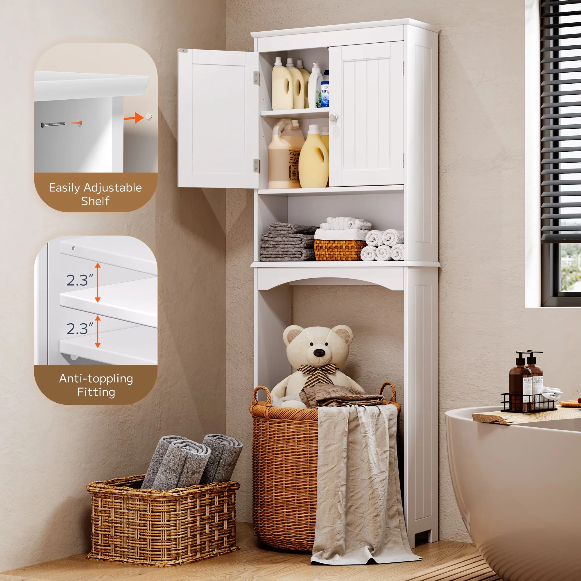 Essential Bathroom Renovation with Adjustable Shelves, Modern, Adjustable Shelf & 2 Doors - White Medium Density Fiberboard Model 00F46F