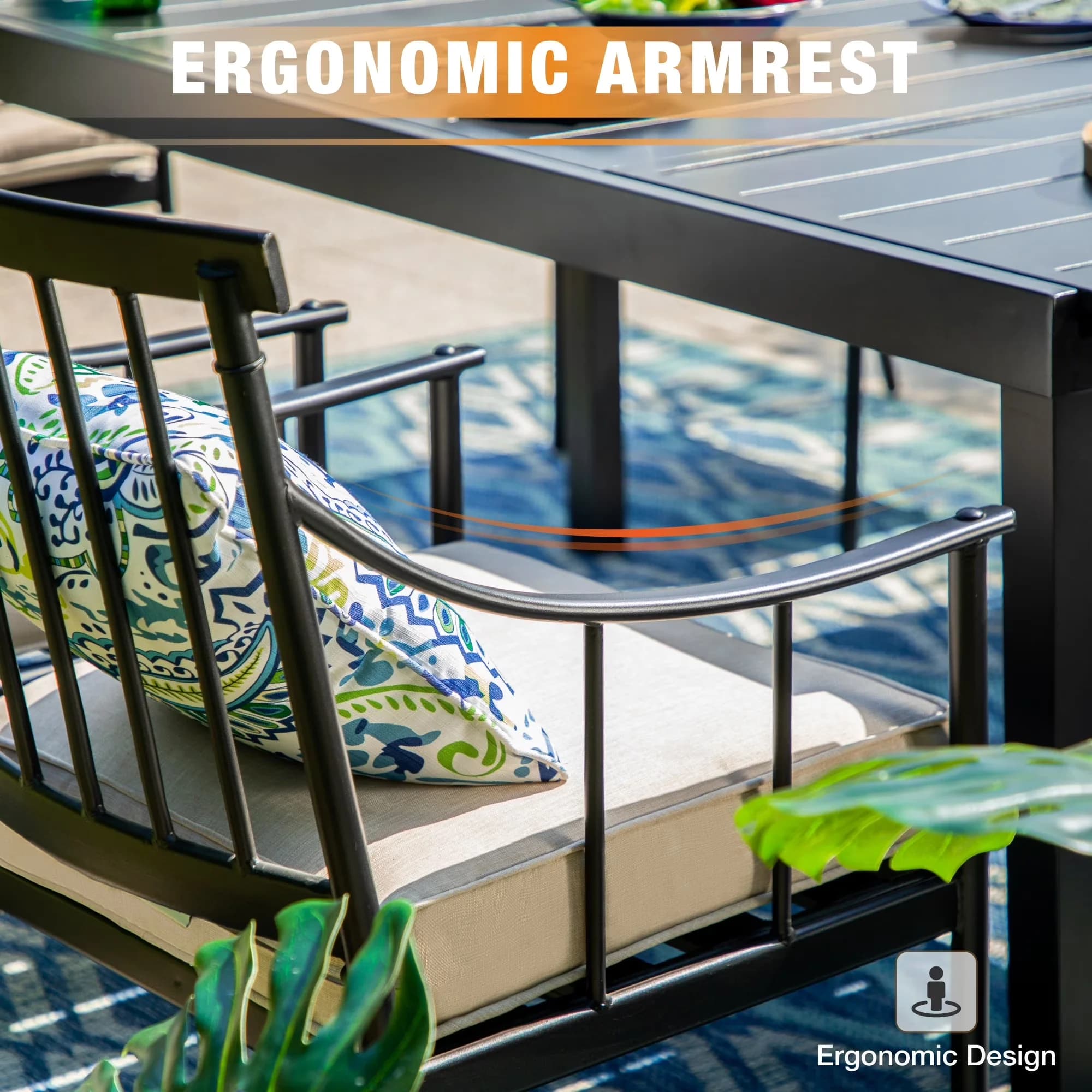 Stylish Patio Dining Set with Weatherproof, Contemporary, Beige Cushions - Metal Model 3A8FD7