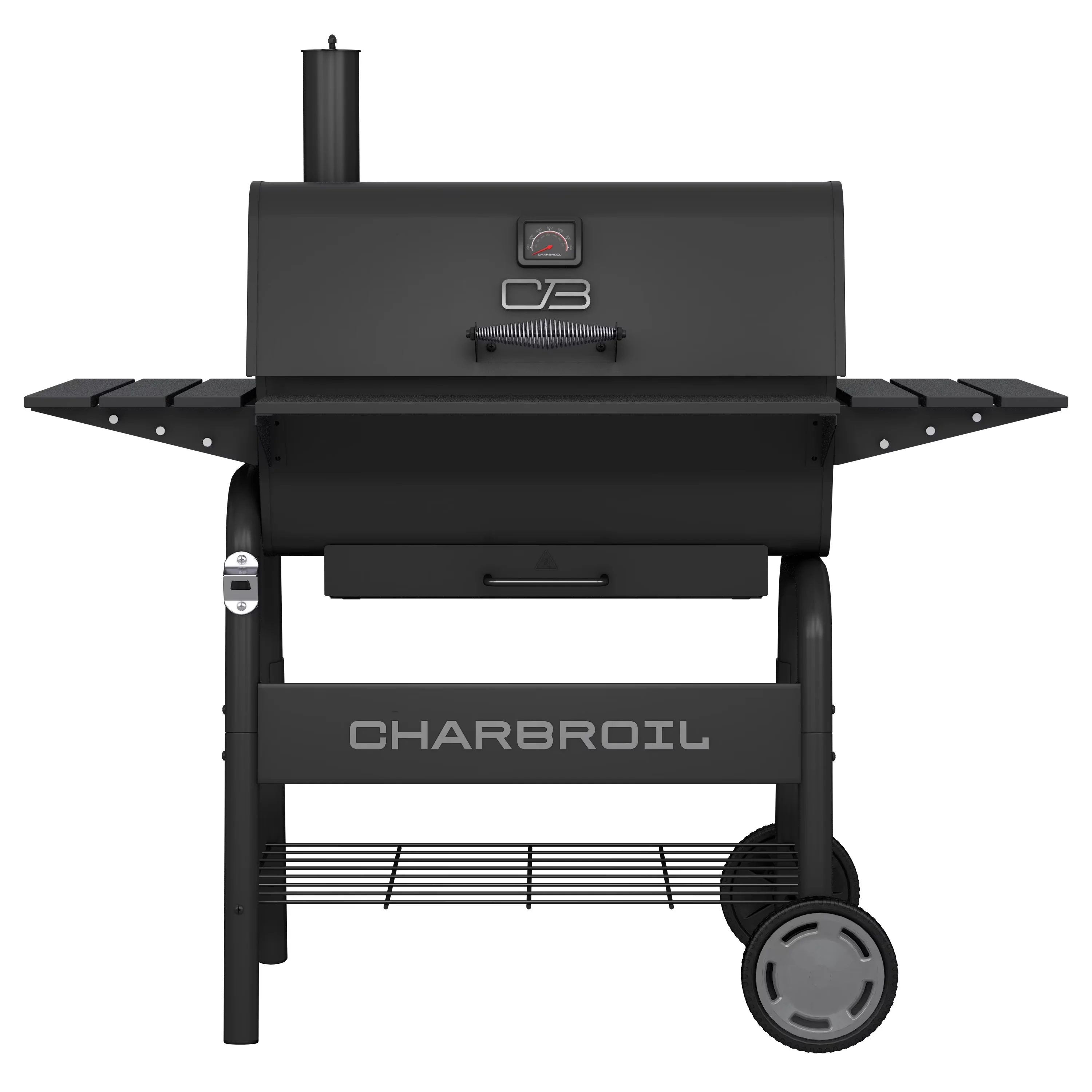 Durable Charcoal Grill with Heat Thermometer, Storage Rack - Black Heavy Duty Steel Model EEE577