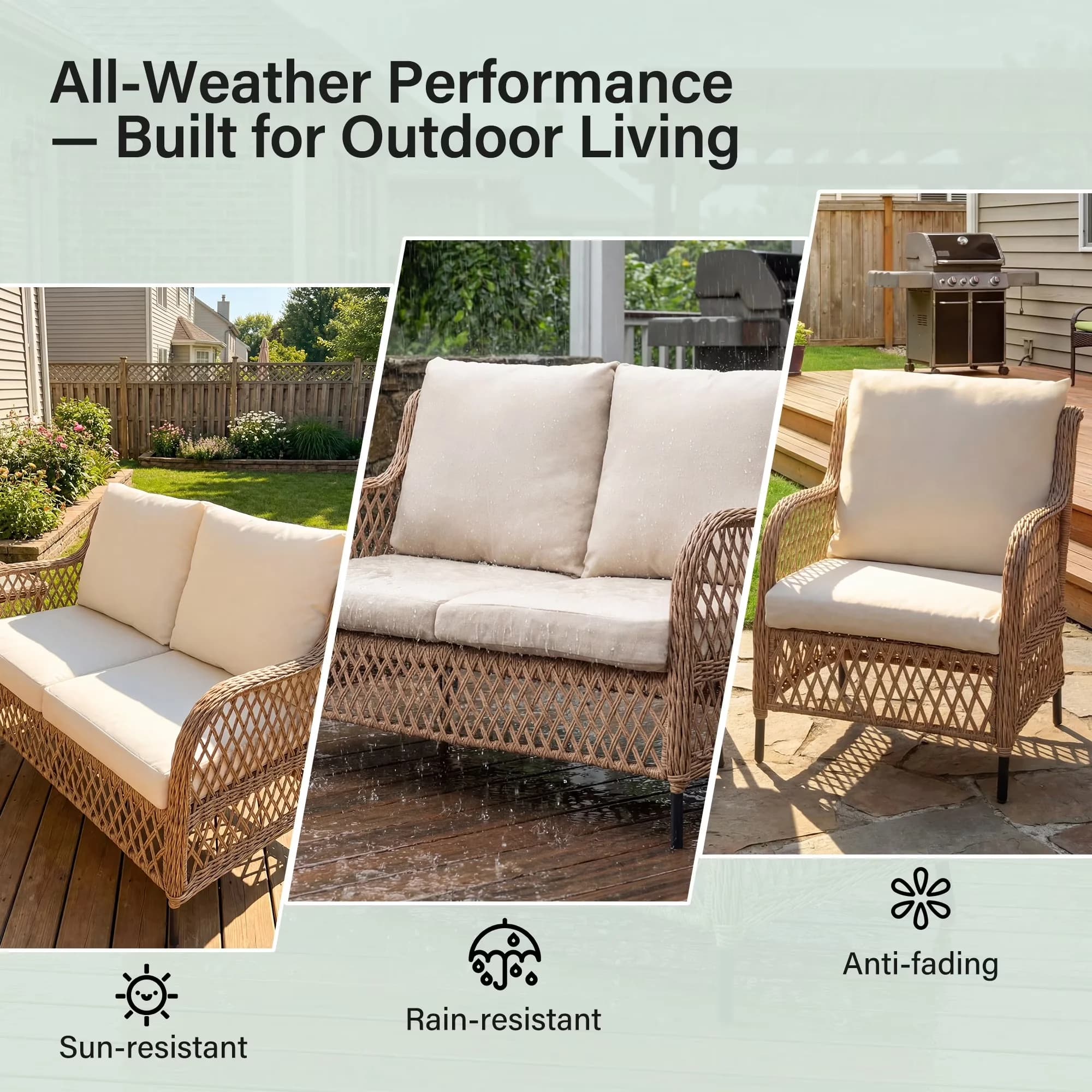 Stylish Patio Conversation Set with Weatherproof, 2 Chairs and Table - Pe Wicker, Olefin, Metal Brown Model 6B446A