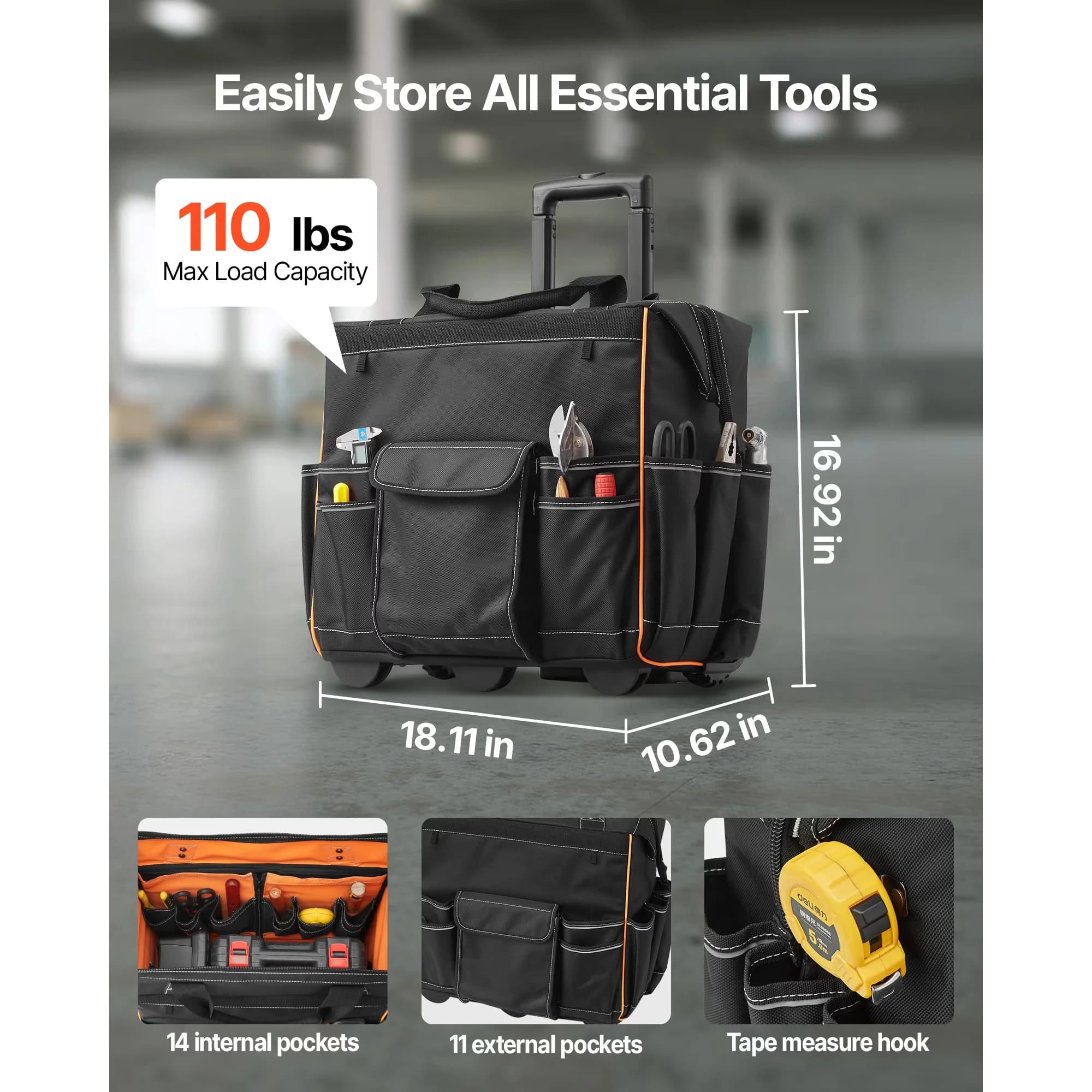 Toolstorage Stylish with Storage, Wheels, Rolling Tool Bag - Black - Reliable Performance Model C945B8