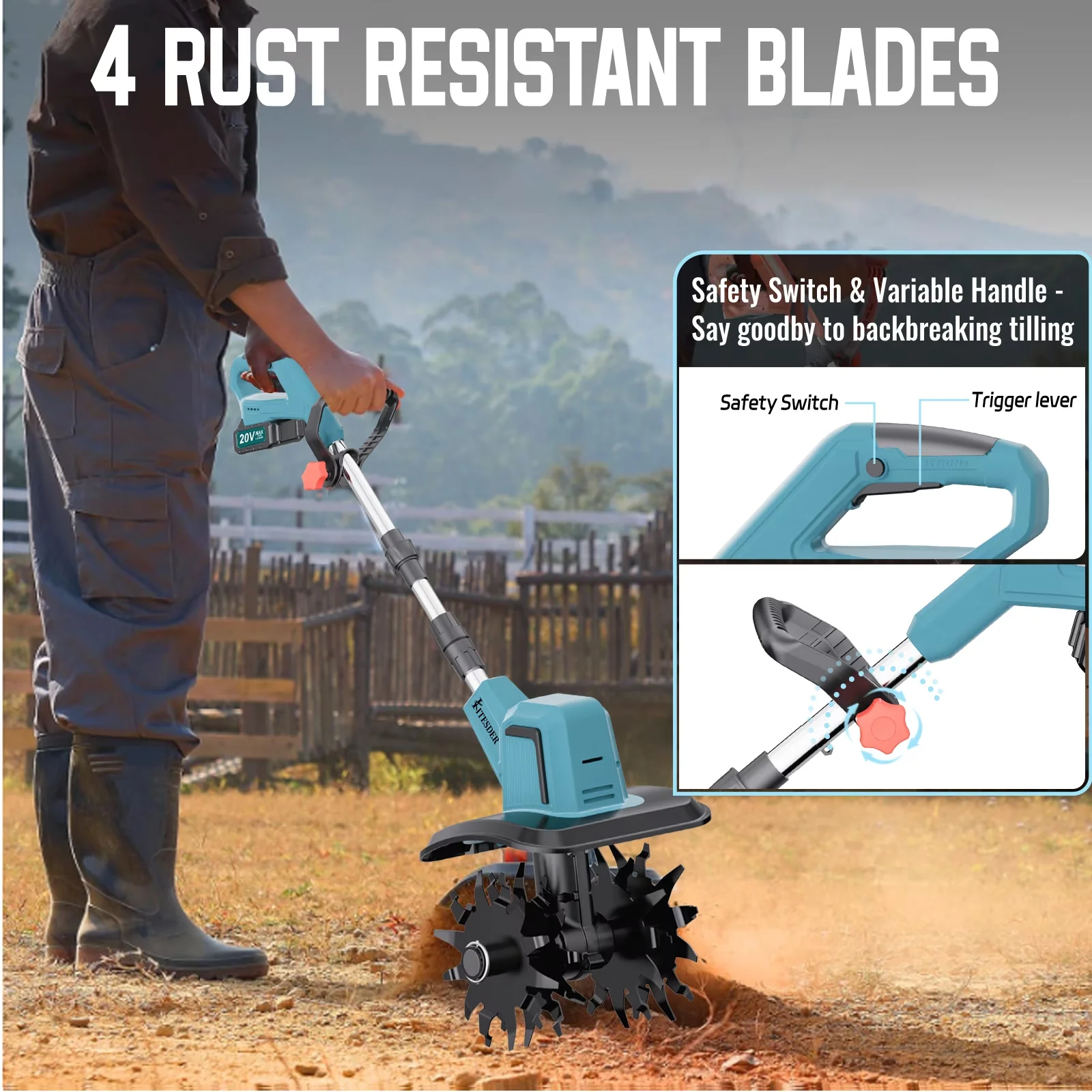 Trillers Cultivator Modern with 2×Battery & Charger, Garden Tiller, Manganese Steel Tines for Garden - Model CB5ADB