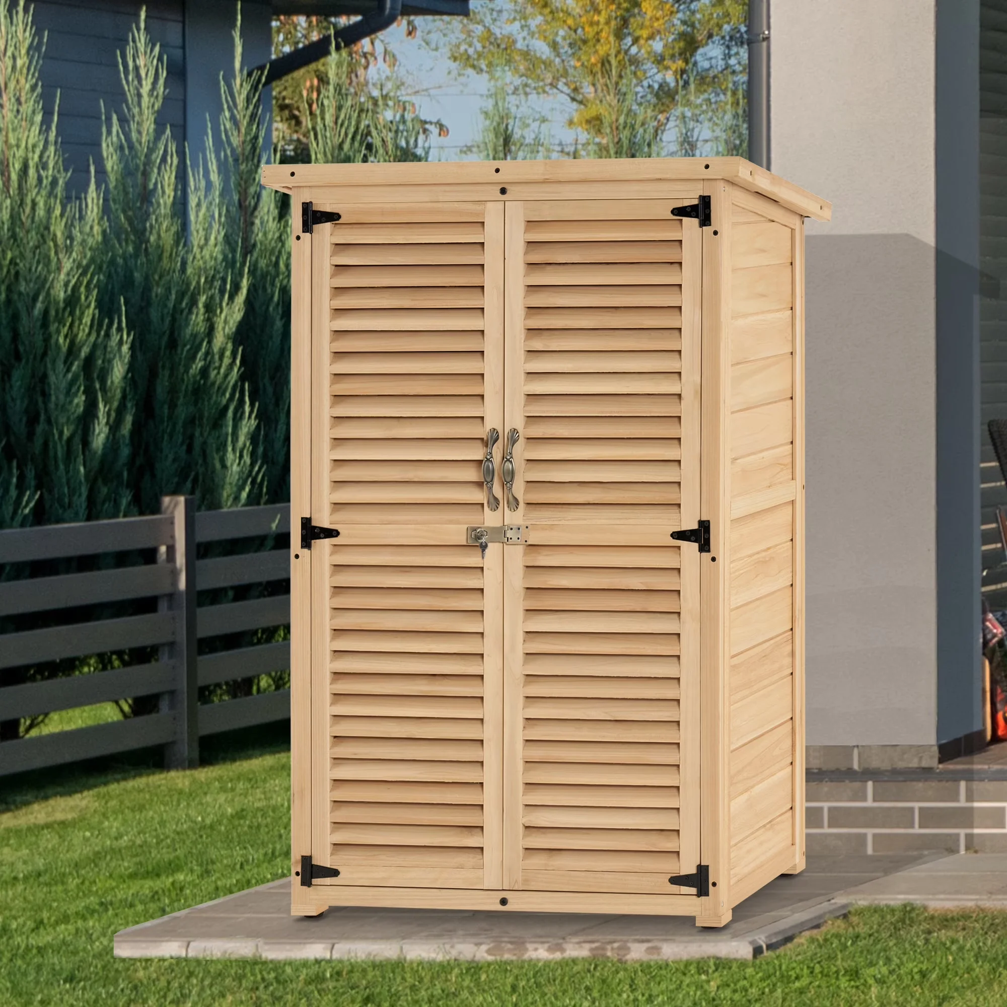 Quality Shed with Waterproof, Garden Tool w/ Latch, Outside Tools Wood Cabinet Double Doors - Beige Wood Model 259B05