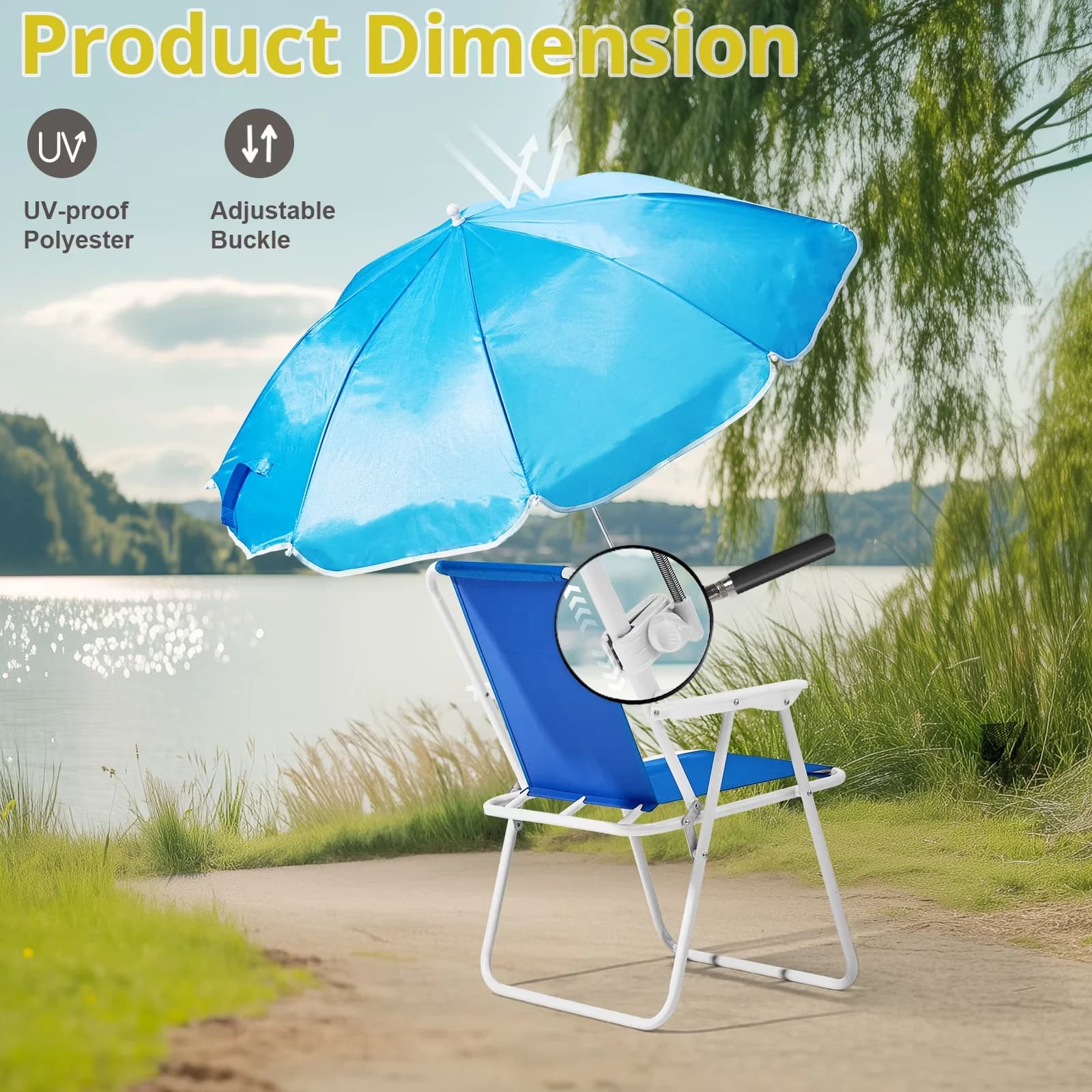 Compact Beach Chair with Waterproof, Folding, Umbrella - Iron, Pe Oxford Cloth Blue Model 470A5D