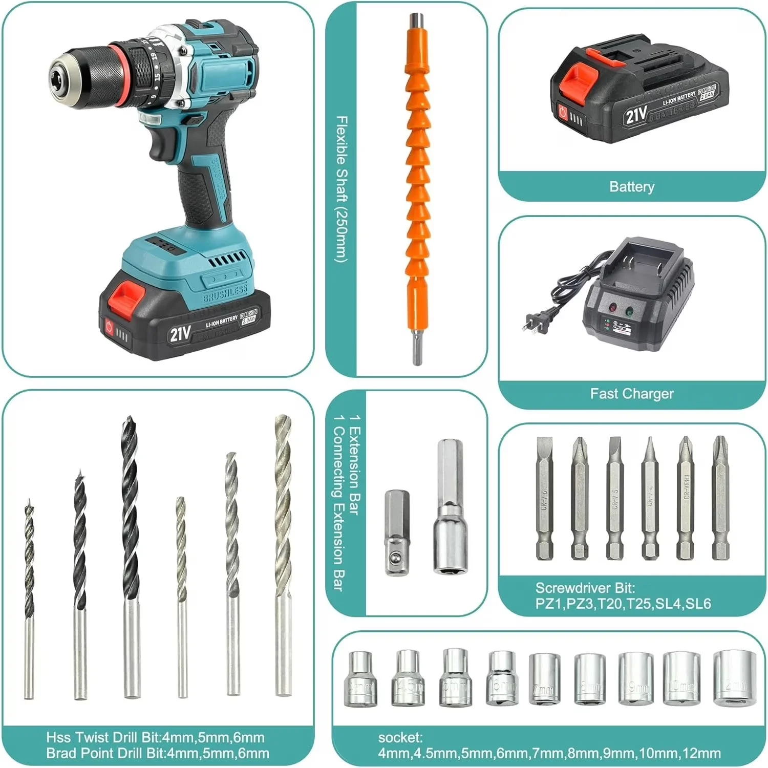 Compact Drills Driver with Battery, 21V, Adjustable - Blue 13 mm - Modern Design Model 979A39
