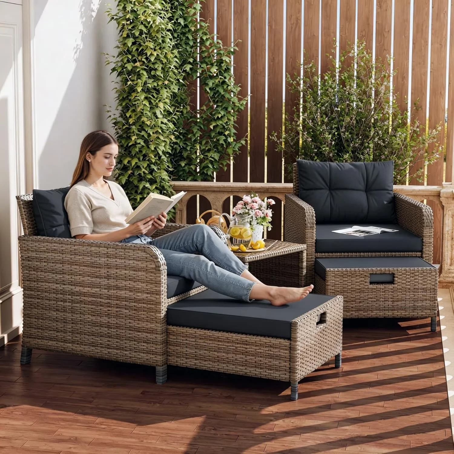 Durable Patio Conversation Set with Portable, Soft Cushions 2 Ottoman&Glass Table, Balcony Furniture 5 Piece - Pe Rattan Model BABA02