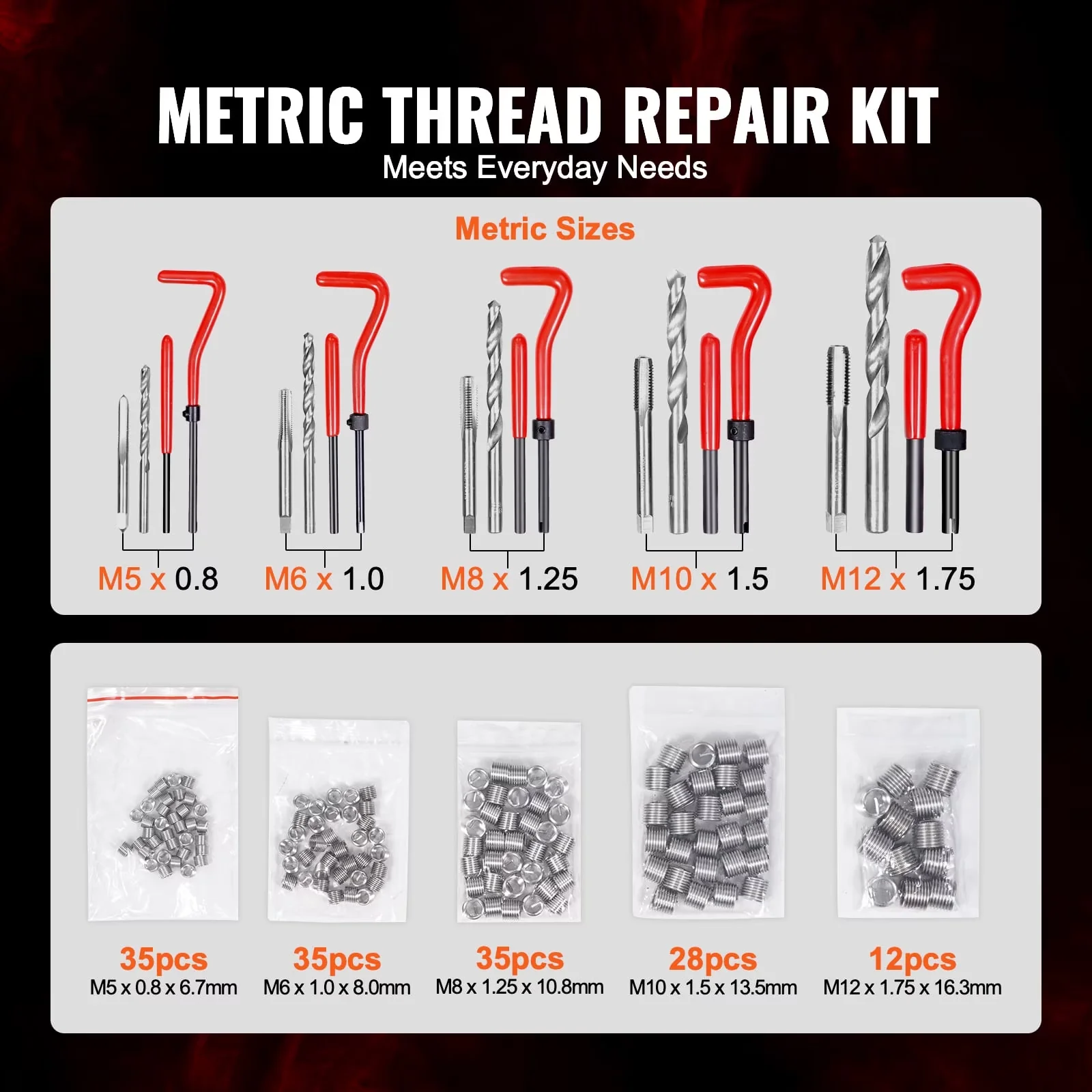 Professional Hand Tool Set with Portable, Storage, Helicoil Thread Repair Kit - Red Model AEAE7D