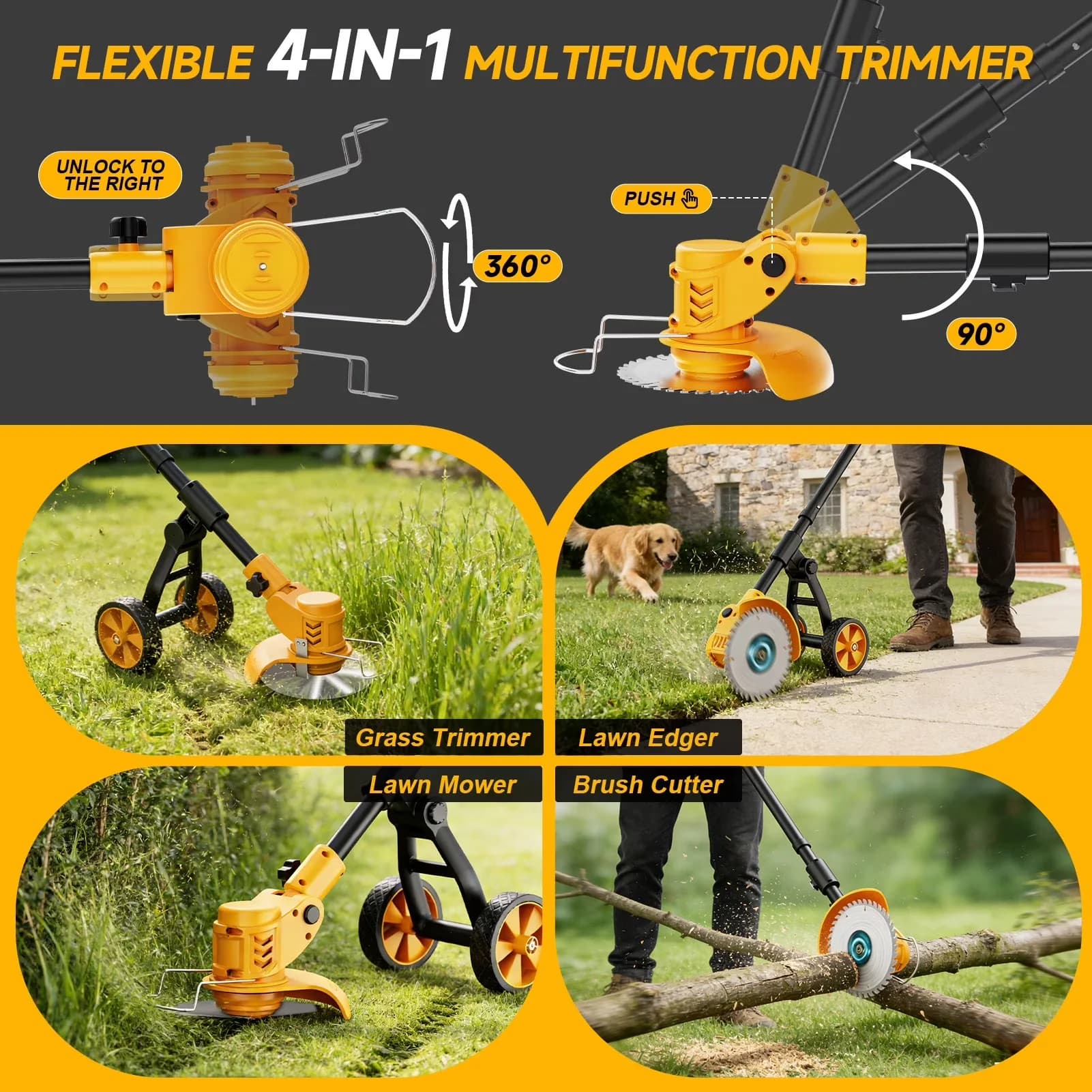 Professional String Trimmer with Battery, 21V, Extendable - Yellow-E for Garden Model 4050A5