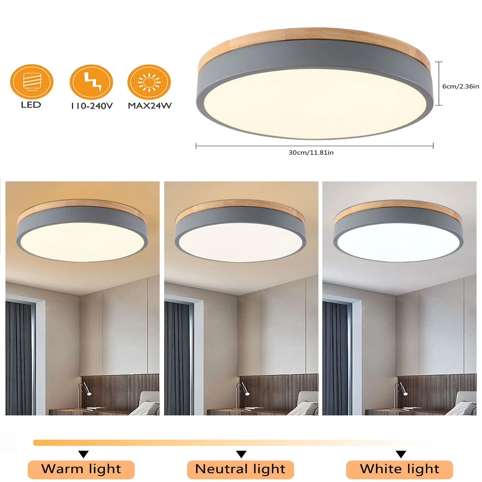 Ceiling Lights Fixture Modern with LED, 24W, Led Original Wood Lamp Grey - Iron, Oak Gray Model B09EDD