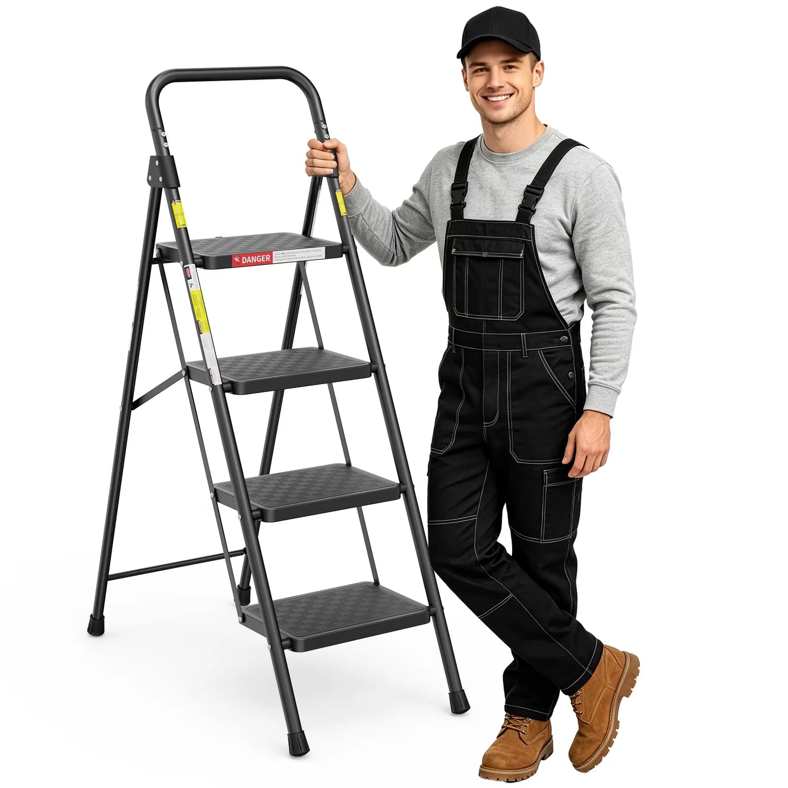 Classic Ladders And Step Stool with Lock-On Button, Sturdy Steel Ladder - Black Metal Model 054684