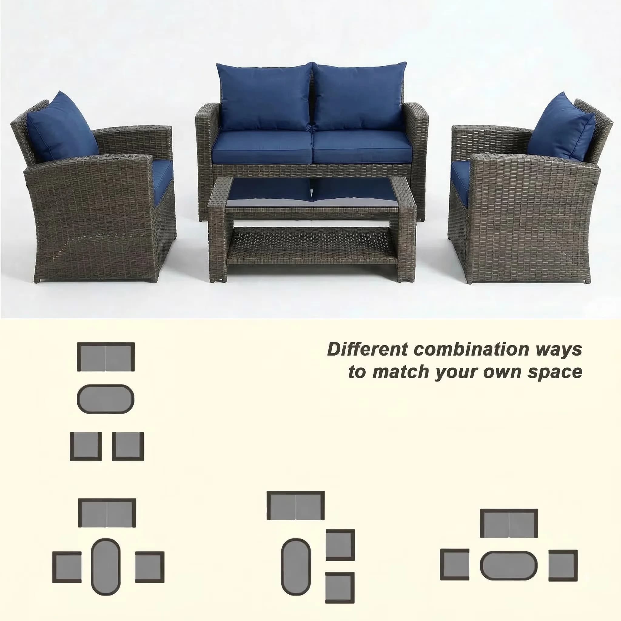 Stylish Patio Conversation Set with Weatherproof, Wicker Furniture, 4 Piece Outdoor Sectional Sets - Rattan Blue Model F66565