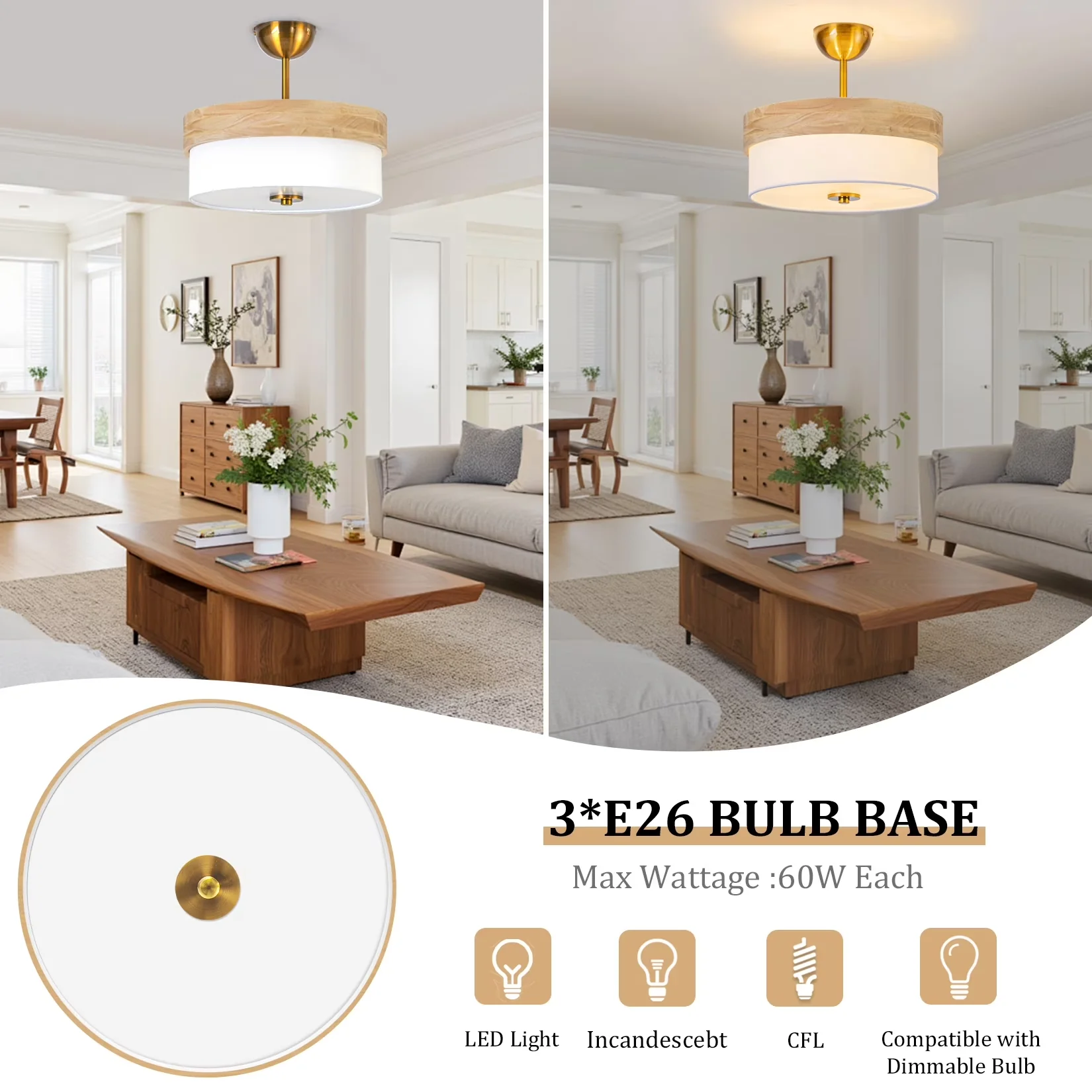 Classic Ceiling Lights Fixture with LED, Modern, Semi Flush Mount Light - Metal And Fabric White for Bedroom Model 297DD0