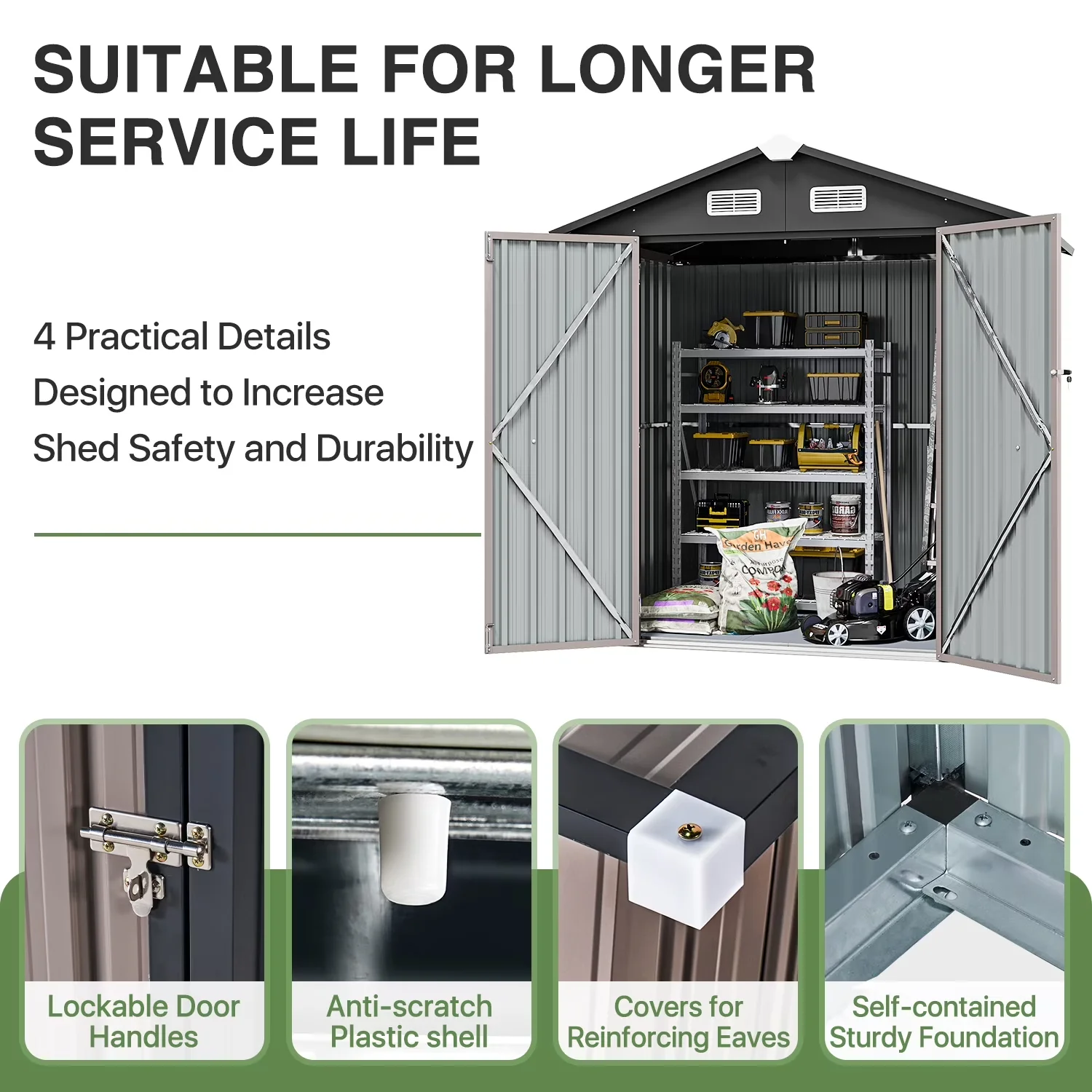 Shed Efficient with Uv Resistant, Lockable Door and Vents, Metal Tool - Brown Metal Model 58C6B7