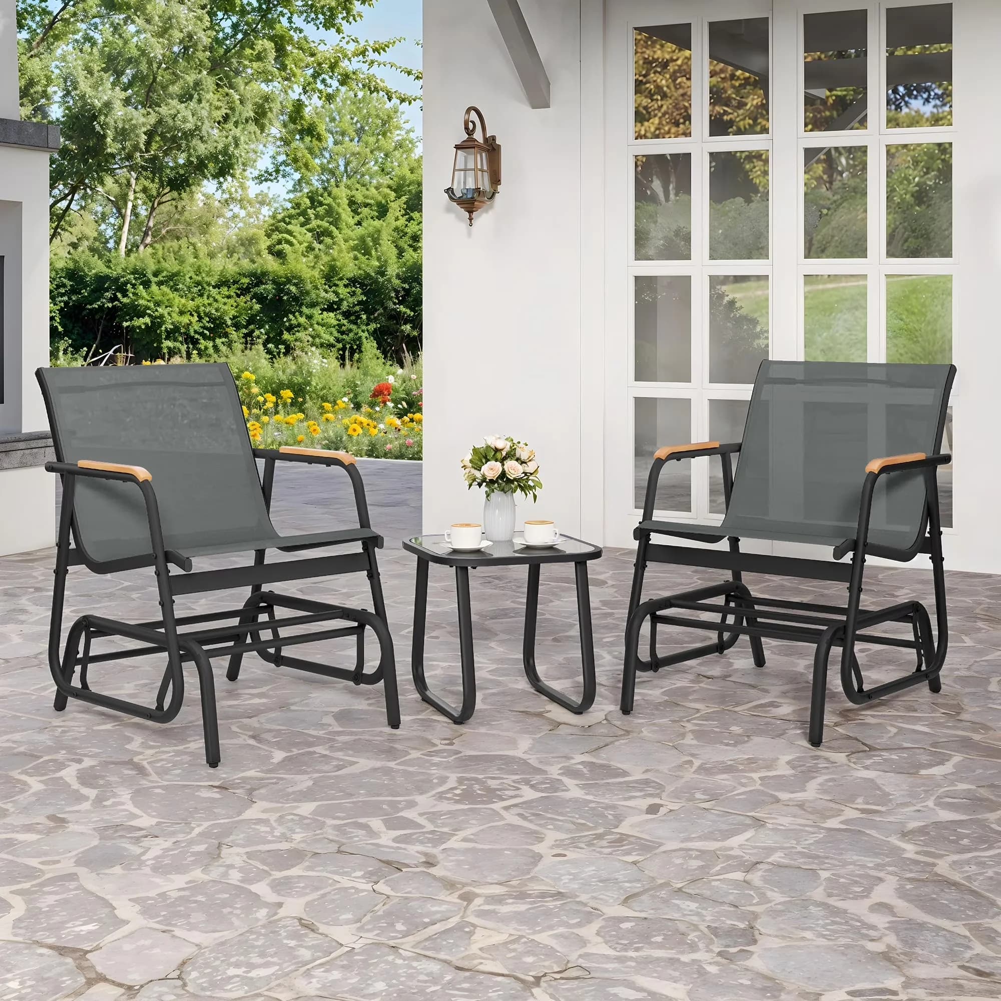Patio Chair Stylish with Modern, 3-Piece Bistro Set, Outdoor Textilene Glider Set - Textilene,Metal Model A42E65