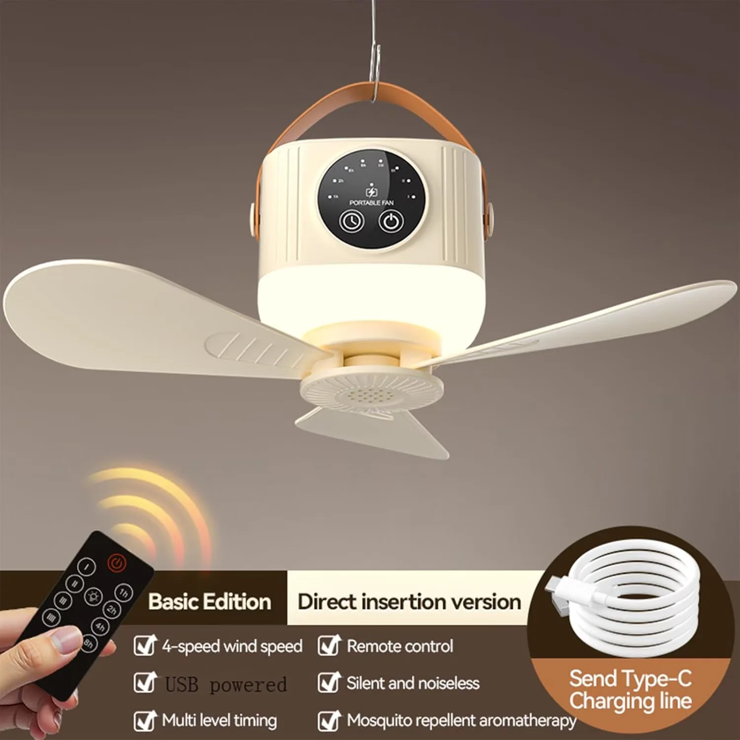 Quality Ceiling Fan with LED, Hanging Portable, 4 Speed Adjustment for Outdoor, Car - Model 55EDEC