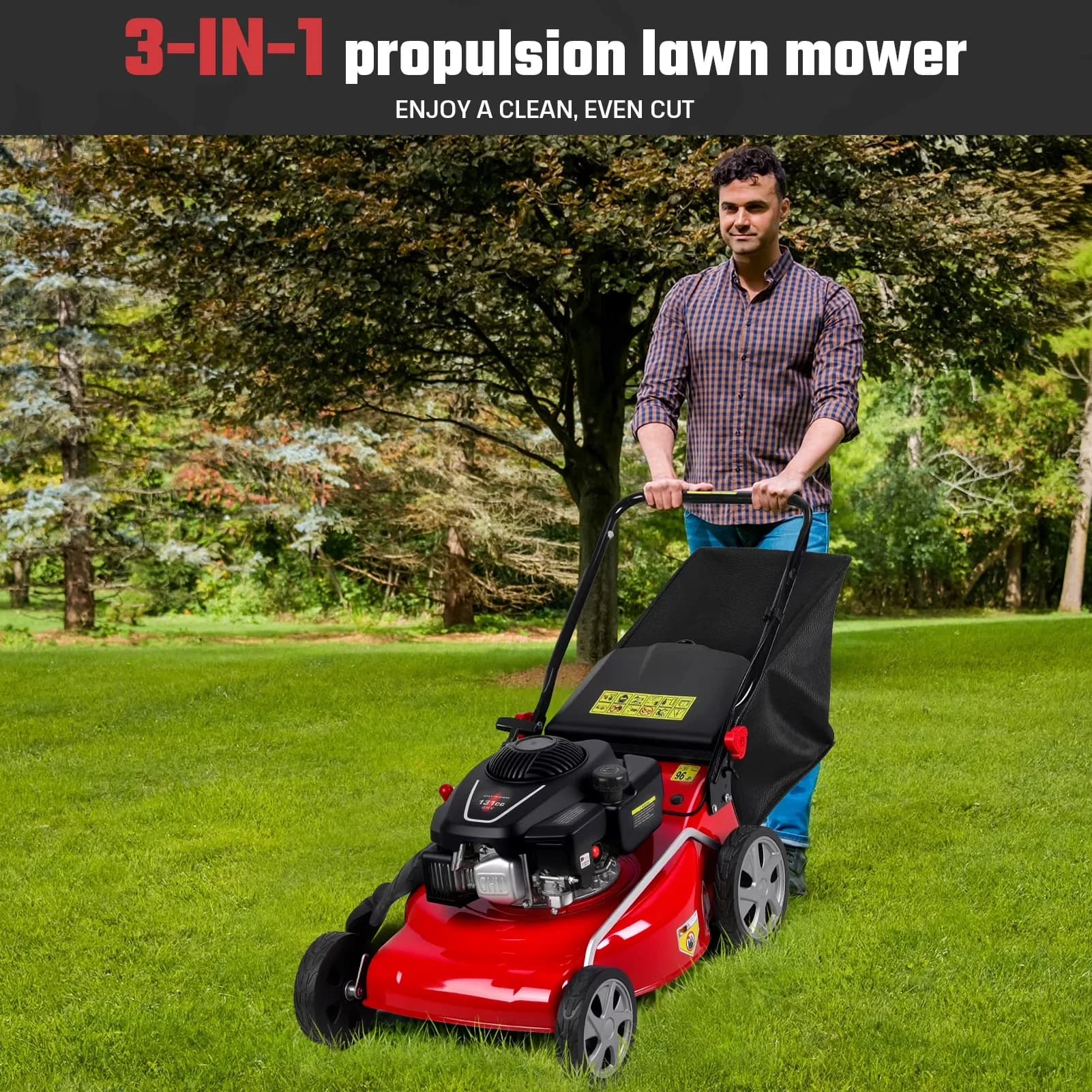 Quality Push Mower with Folding Handle, 131cc 3-in-1 Self Propelled Gas Lawn - Red Model 9F40DF